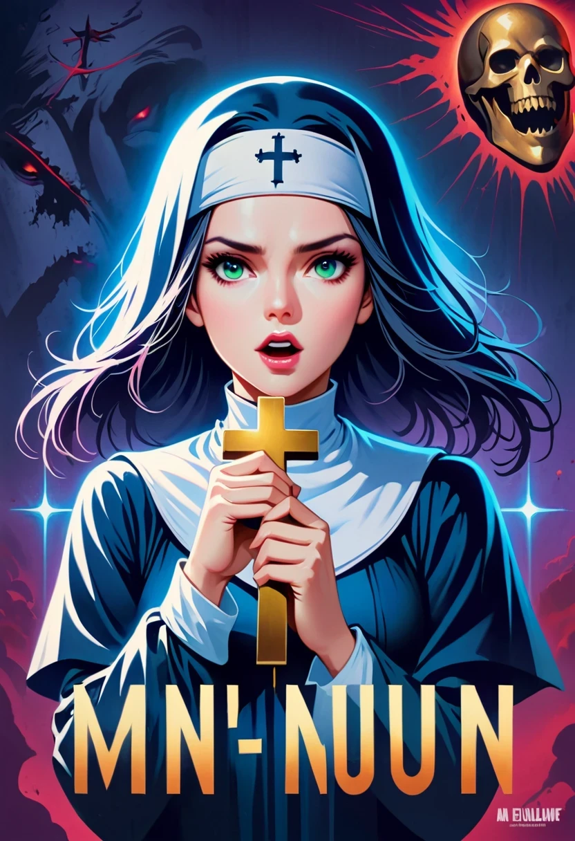 a poster of a nun holding a cross in her hands, an evil nun, nun, magic, official poster, horror movie poster,(Title says "nun":1.7),Movie Nine, horror poster, Gavin Nolan, movie poster with no text, Cleland Films, magic style, horror movie poster, movie poster, author：Jan Zrzavý, horror movie poster style，(dark fantasy), (Super wide angle moonlight), Gothic castle front, Skeleton Nun (bow your head, Wearing ragged nun clothes，green eyes, open mouth) , concept digital art, black and gray, (masterpiece, best quality, ultra high definition, Very detailed, movie lighting), Gothic