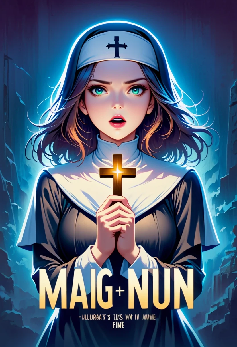 a poster of a nun holding a cross in her hands, an evil nun, nun, magic, official poster, horror movie poster,(Title says "nun":1.7),Movie Nine, horror poster, Gavin Nolan, movie poster with no text, Cleland Films, magic style, horror movie poster, movie poster, author:Jan Zrzavý, horror movie poster style,(dark fantasy), (Super wide angle moonlight), Gothic castle front, Skeleton Nun (bow your head, Wearing ragged nun clothes,green eyes, open mouth) , concept digital art, black and gray, (masterpiece, best quality, ultra high definition, Very detailed, movie lighting), Gothic