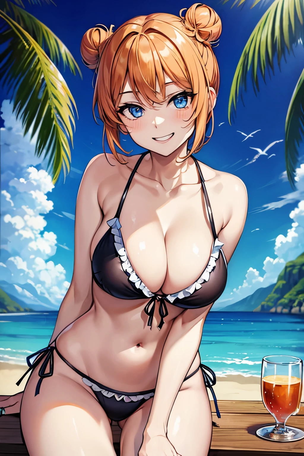 (masterpiece), best quality, expressive eyes, perfect face, 1girl, solo, tomboy, mature female, big breasts, short hair, Cleavage, orange hair BREAK hair buns, double buns, blue eyes BREAK cute smile, grin, standing, resort, palmtree, daytime, blue sky, frilled bikini, yellow bikini BREAK looking at viewer, sitting on chair, table,