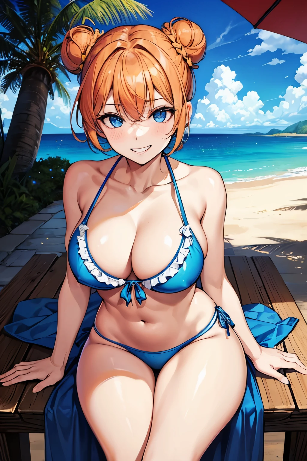 (masterpiece), best quality, expressive eyes, perfect face, 1girl, solo, tomboy, mature female, big breasts, short hair, Cleavage, orange hair BREAK hair buns, double buns, blue eyes BREAK cute smile, grin, standing, resort, palmtree, daytime, blue sky, frilled bikini, yellow bikini BREAK looking at viewer, sitting on chair, table, 