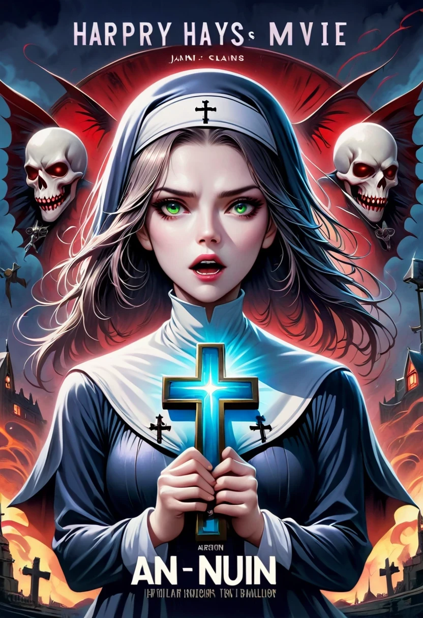 a poster of a nun holding a cross in her hands, an evil nun, nun, magic, official poster, horror movie poster,(Title says "nun":1.7),Movie Nine, horror poster, Gavin Nolan, movie poster with no text, Cleland Films, magic style, horror movie poster, movie poster, author:Jan Zrzavý, horror movie poster style,(dark fantasy), (Super wide angle moonlight), Gothic castle front, Skeleton Nun (bow your head, Wearing ragged nun clothes,green eyes, open mouth) , concept digital art, black and gray, (masterpiece, best quality, ultra high definition, Very detailed, movie lighting), Gothic