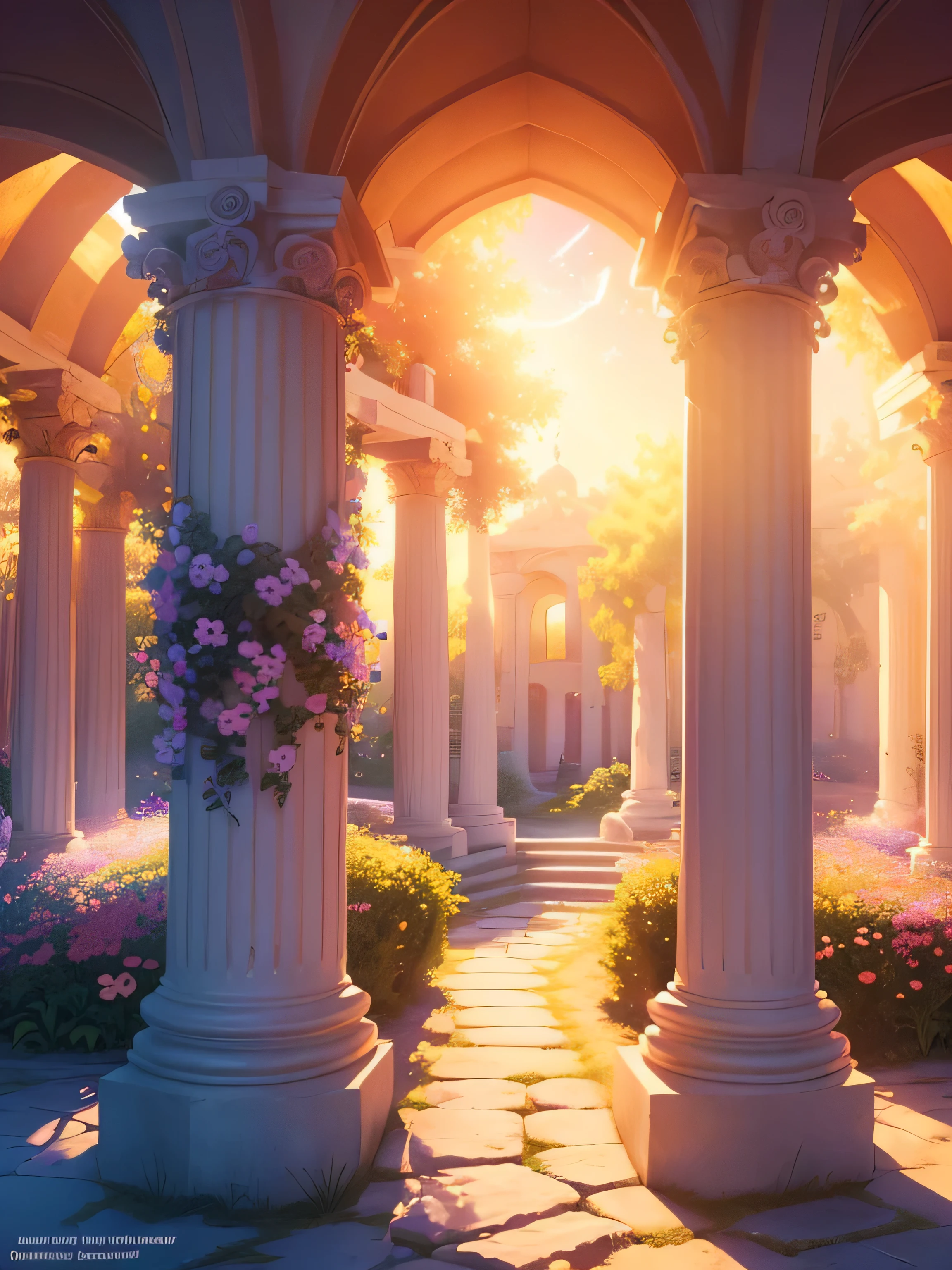 (cute,vibrant colors,fantasy,dreamlike scenery,soft lighting,magical atmosphere,whimsical details),(best quality,ultra-detailed,realistic:1.37),(illustration),(colorful flowers,butterflies,sparkling stars,golden sunlight,greek columns,)