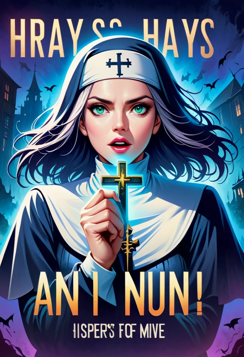 a poster of a nun holding a cross in her hands, an evil nun, nun, magic, official poster, horror movie poster,(Title says "nun":1.7),Movie Nine, horror poster, Gavin Nolan, movie poster with no text, Cleland Films, magic style, horror movie poster, movie poster, author:Jan Zrzavý, horror movie poster style,(dark fantasy), (Super wide angle moonlight), Gothic castle front, Skeleton Nun (bow your head, Wearing ragged nun clothes,green eyes, open mouth) , concept digital art, black and gray, (masterpiece, best quality, ultra high definition, Very detailed, movie lighting), Gothic
