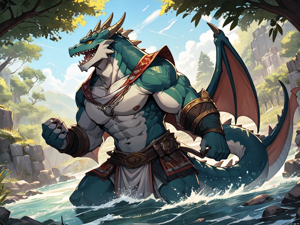 blue dragon、Sharp scales all over the body、crocodile-like body、silver mane、Pubic hair that was the other way around、Navel hair that was the other way around、Underarm hair that was the opposite、golden eyes、huge bulge in the crotch、Crotch about to burst、thunderstorm forest background、Kicking pose、Pose with one arm raised、Composition looking up from diagonally below、Completely naked、soaking wet、very large amount of white slime、profile、Sole