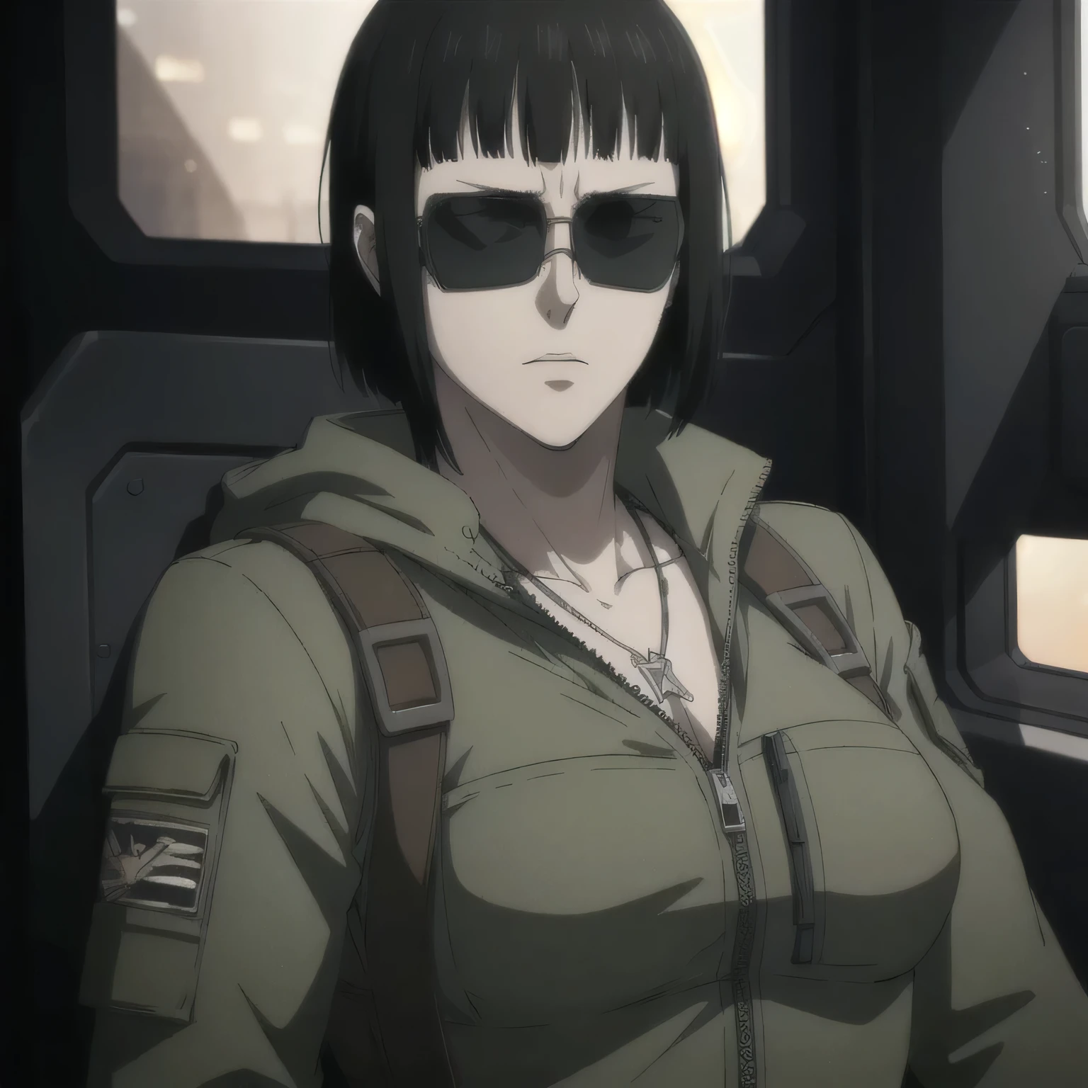 (best quality,ultra-detailed,realistic:1.37),military ,muscular badass girl Sunglasses wearing  pilot, full review of the female character's face and body, intense expression, strong and confident posture, studio lighting, vivid colors, physiologically-based rendering, grungy texture, rugged background, dust particles in the air, commanding presence, professional, powerful, gritty aesthetics,,Valmet،short hair,necklace,