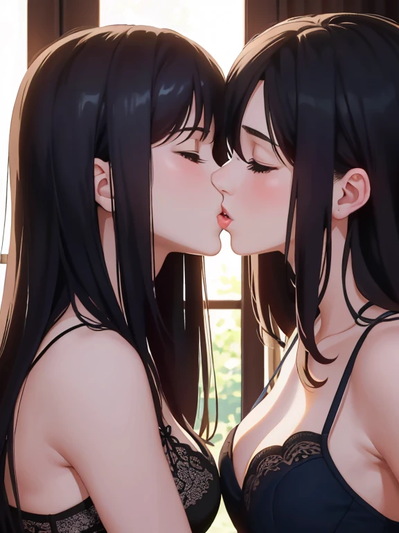 masterpiece, quality, A high resolution,((( 2 girls))), ((Yuri)), ((this kiss:1.4)), giving a hot kiss, in the bedroom, sexy lingerie