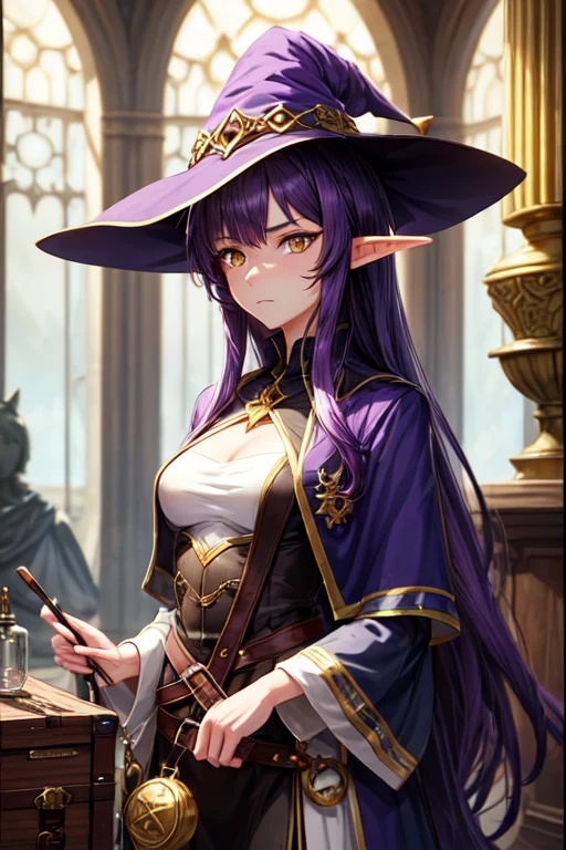 Anime style , young woman , witch , Young , purple hair , golden eyes , Best quality , calm look , traveler uniform , Alchemical equipment , half-elf , long hair , Medium breasts , average height , closed clothing , no hat , Emotionless facial expression , A keen eye .