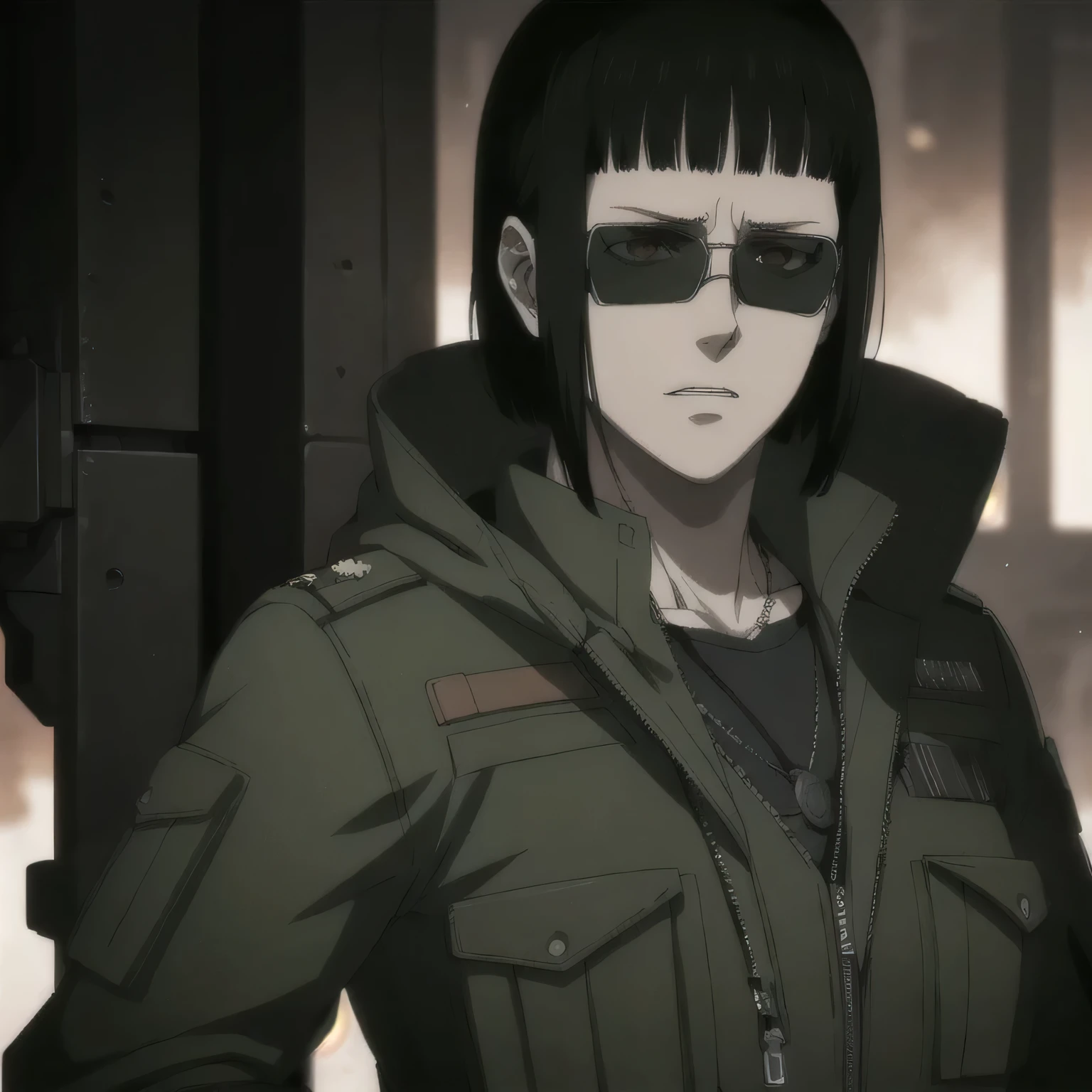 (best quality,ultra-detailed,realistic:1.37),military ,muscular badass girl Sunglasses wearing pilot, full review of the female character's face and body, intense expression, strong and confident posture, studio lighting, vivid colors, physiologically-based rendering, grungy texture, rugged background, dust particles in the air, commanding presence, professional, powerful, gritty aesthetics,,Valmet،short hair,necklace,