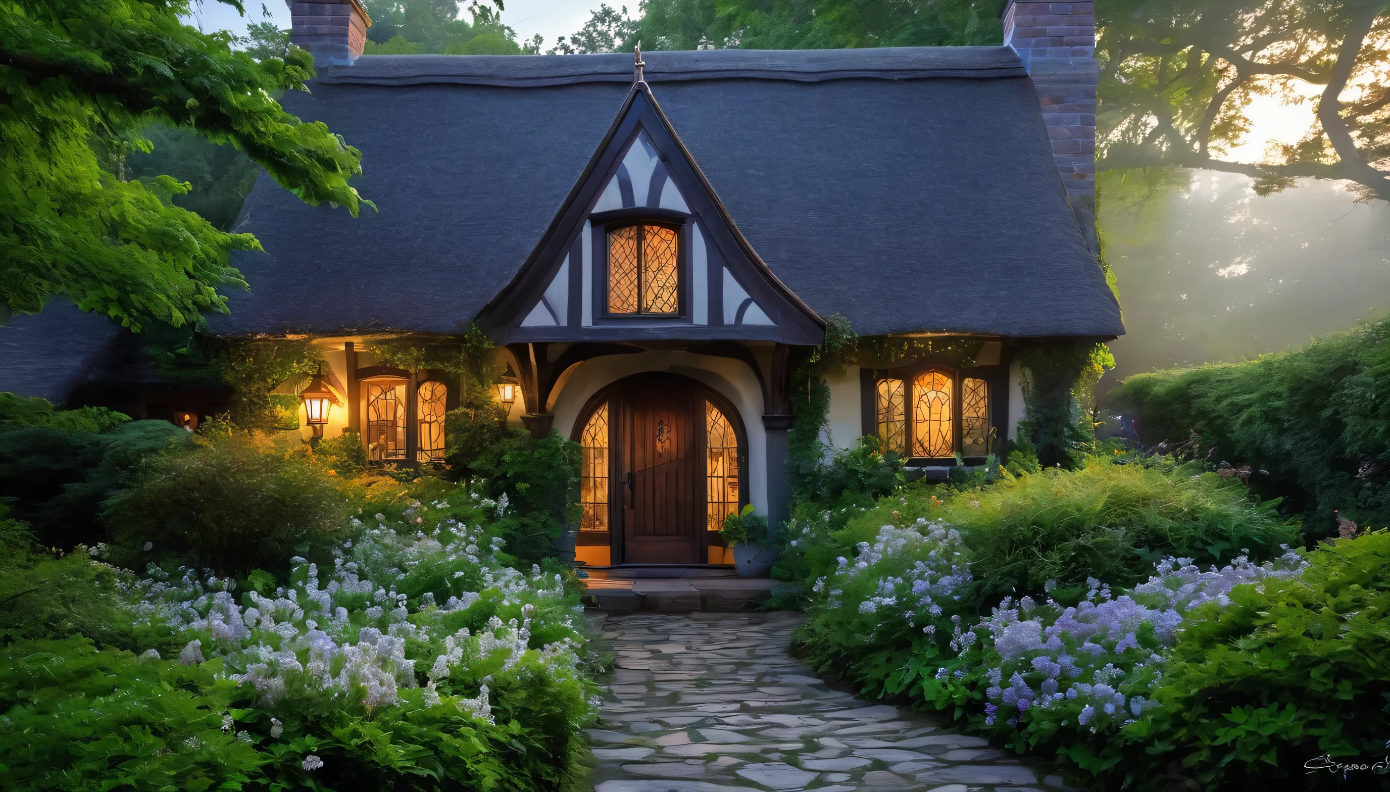 This enchanting image depicts a quaint, fairy-tale-like cottage nestled in a dense, twilight forest. The cottage is of a classic Tudor style with timber framing and steep gabled roofs. It's illuminated from within, casting a warm, inviting glow through leaded glass windows. Overgrown with ivy and blooming flowers, the house exudes an aura of magic and mystery. A cobblestone path leads to the arched wooden door, flanked by blooming bushes and lanterns, while gentle fireflies dance in the air, and soft fog adds to the scene's mystique. The atmosphere is serene and slightly otherworldly, suggesting a scene from a storybook where magic is just a breath away.