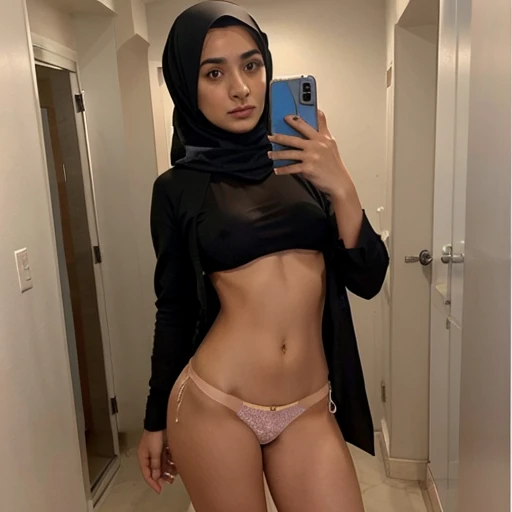 ((Selfie)), thin Arab girl, standing, sexy, camera down, hijab, open clothes, (((panties down)))