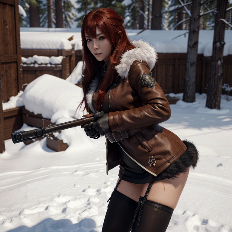 Huntress girl holding a rifle in snow battle pose, wearing a miniskirt and stockings, Blade and Soul,ink style,long red hair,leather and fur coat,Cold,Artwork,3D,4K,Detailed,Realistic 