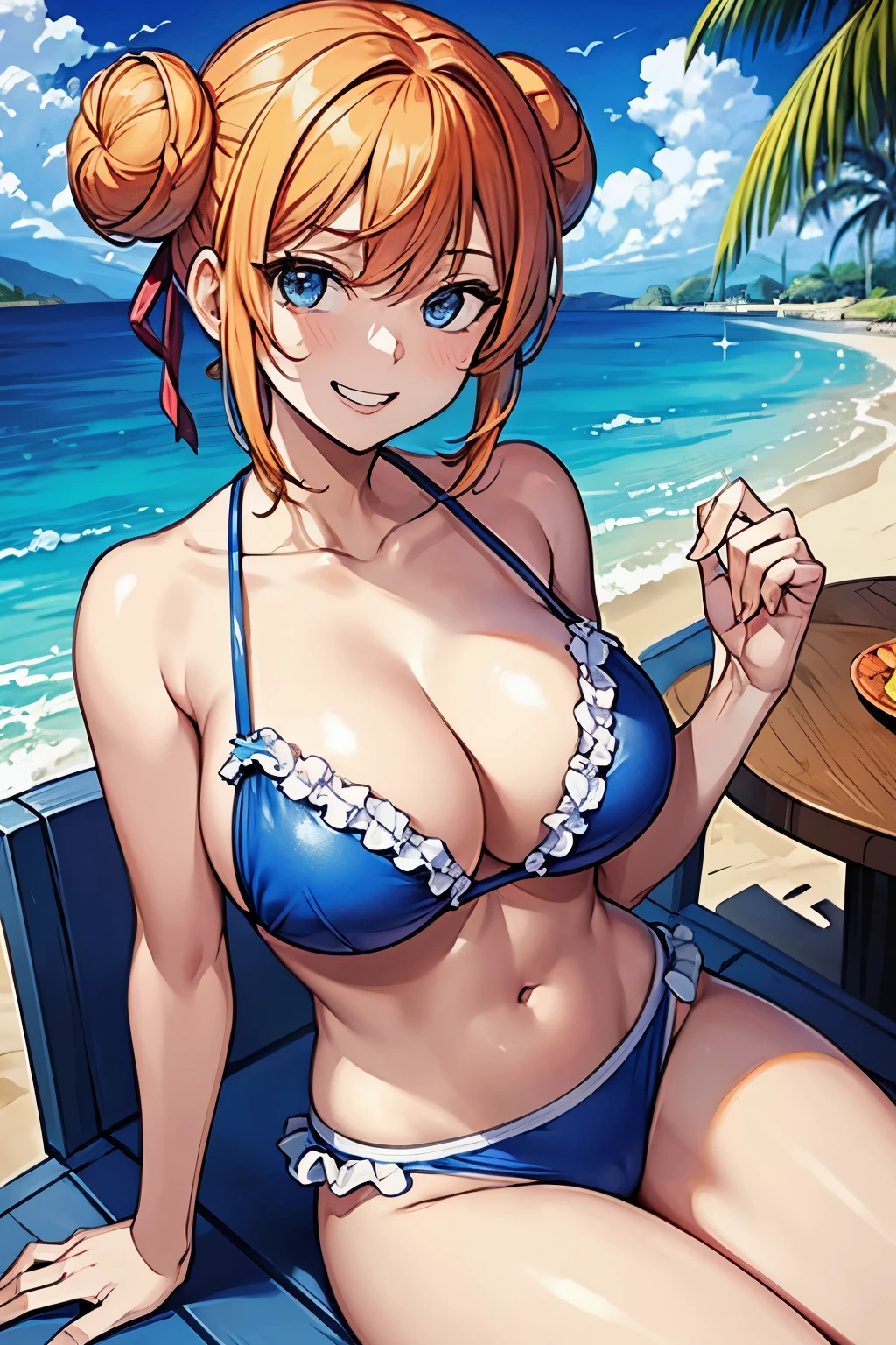 (masterpiece), best quality, expressive eyes, perfect face, 1girl, solo, tomboy, mature female, big breasts, short hair, Cleavage, orange hair BREAK hair buns, double buns, blue eyes BREAK cute smile, grin, standing, resort, palmtree, daytime, blue sky, frilled bikini, yellow bikini BREAK looking at viewer, sitting on chair, table,