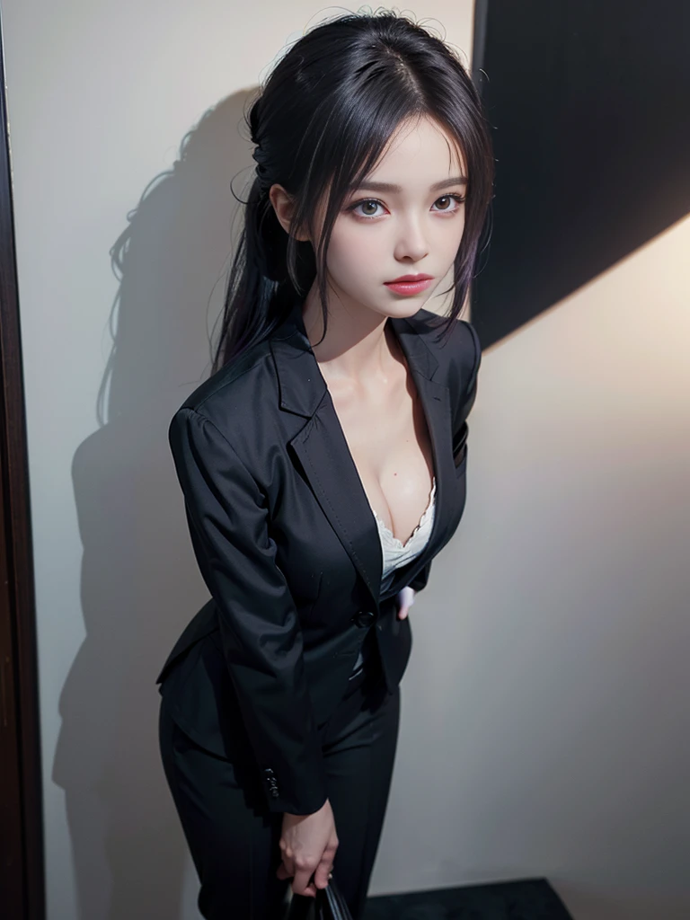 Beautiful woman, 25 years old, high ponytail, bright purple hair, perfect purple hair, Beautiful breasts, (Realistic skin),elegant upper class wearing a black pantsuit, black jacket, white shirt, cleavage visible, black pumps, and a business shirt. Elite secretary, working in the office, wearing a strict business suit, pantsuit style, wearing luxury high heels, girl wearing a shirt, wearing a business suit, wearing a business suit, black nail art, business Wearing a suit, Businessman, Business clothes, Wearing a black business suit, Wearing a white shirt and black jacket, Woman in a business suit, Business suit, Business attire, Raw photo, (8K, highest quality, Masterpiece: 1.2), (Complex Detail: 1.4), (Photoreal: 1.4), Octane Rendering, Complex 3D Rendering Super Detail, Studio Soft Light, Rim Light, Vibrant Detail, Super Detail, Realistic Skin texture, surface details, beautifully detailed eyes, highly detailed CG Unity 16k wallpaper, supplement, (detailed background:1.2),
