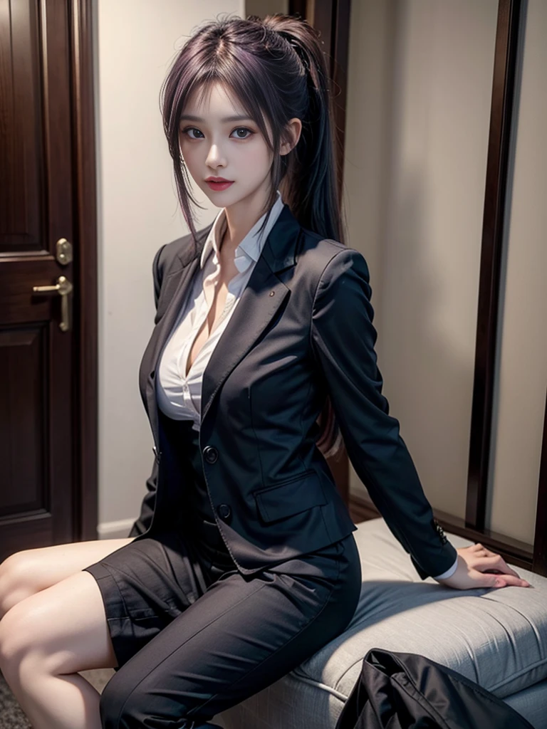 Beautiful woman, 25 years old, high ponytail, bright purple hair, perfect purple hair, Beautiful breasts, (Realistic skin),elegant upper class wearing a black pantsuit, black jacket, white shirt, cleavage visible, black pumps, and a business shirt. Elite secretary, working in the office, wearing a strict business suit, pantsuit style, wearing luxury high heels, girl wearing a shirt, wearing a business suit, wearing a business suit, black nail art, business Wearing a suit, Businessman, Business clothes, Wearing a black business suit, Wearing a white shirt and black jacket, Woman in a business suit, Business suit, Business attire, Raw photo, (8K, highest quality, Masterpiece: 1.2), (Complex Detail: 1.4), (Photoreal: 1.4), Octane Rendering, Complex 3D Rendering Super Detail, Studio Soft Light, Rim Light, Vibrant Detail, Super Detail, Realistic Skin texture, surface details, beautifully detailed eyes, highly detailed CG Unity 16k wallpaper, supplement, (detailed background:1.2),