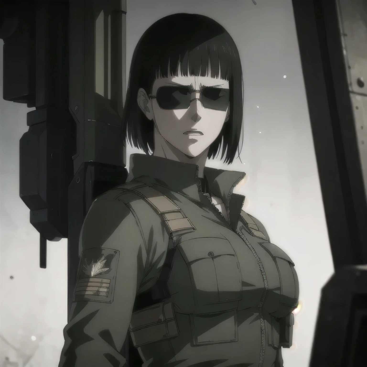 (best quality,ultra-detailed,realistic:1.37),musclaur badass girl wearing Camouflage leather jacket Camouflage combat trousers, full review of the female character's face and body, intense expression, strong and confident posture, studio lighting, vivid colors, physiologically-based rendering, grungy texture, rugged background, dust particles in the air, commanding presence, professional, powerful, gritty aesthetics,,Valmet،short hair,sunglasses,back angle