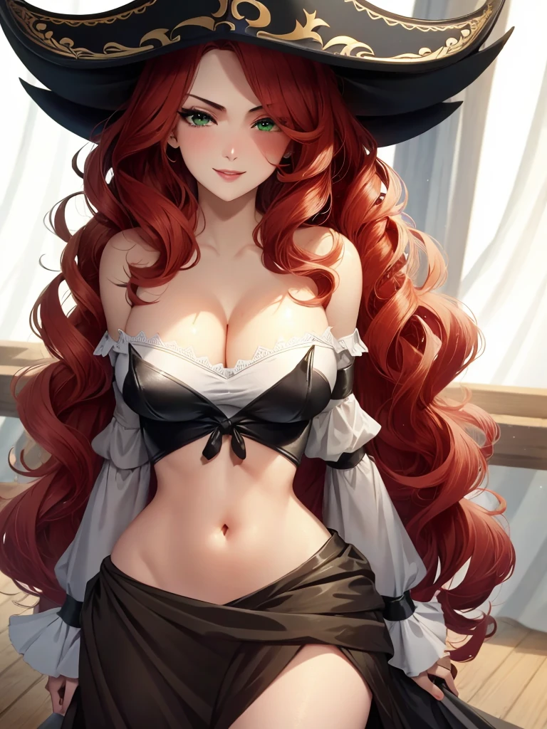 medium breasts, 1girl, scarlet hair, wavy hair, very long hair, black pirate hat, Hair covers one eye, slim and voluptuous, green eyes, mascara, thick lips, free cleavage, bare shoulders, miss fortune \(league of legends\), pirate hat, bra, detached sleeves, wide sleeves, off shoulder, cleavage, smiling, close up, looking at camera,
