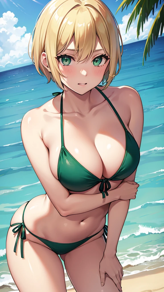 1 women,30year old women,blonde short hair,green eyes,medium breasts,Emerald green side-tie bikini bottom,embarrassed,leaning forward,beach