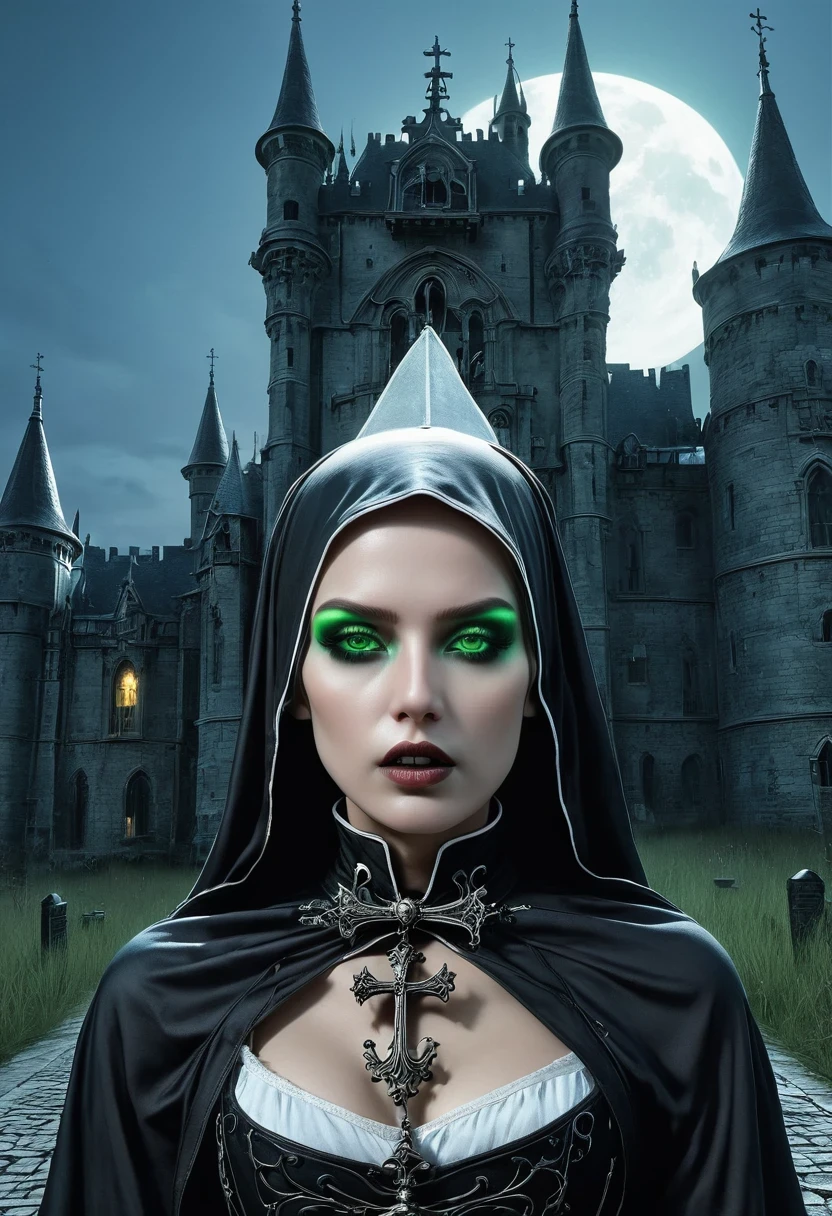 (dark fantasy), (Super wide angle moonlight), Gothic castle front, Skeleton Nun (bow your head, Wearing ragged nun clothes,green eyes, open mouth) , concept digital art, Sky blue and gray, (masterpiece, best quality, ultra high definition, Very detailed, movie lighting), Gothic