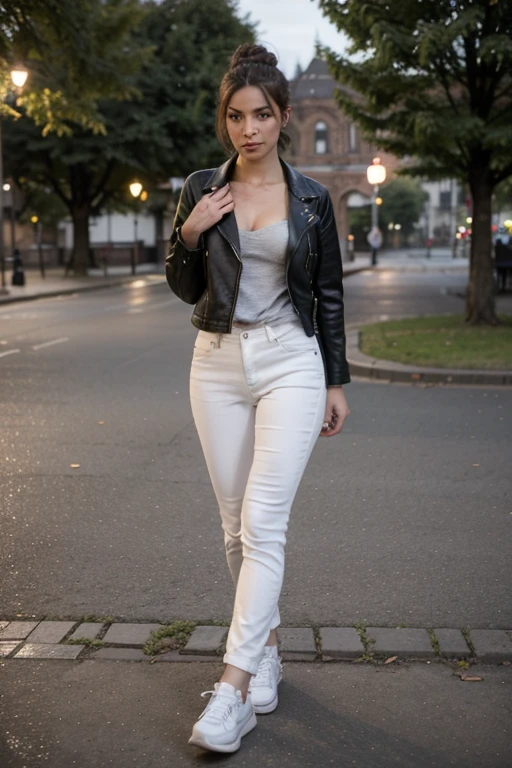 ((Best quality)), ((Meisterwerk)), (detailliert), perfektes Gesicht, Sexy nackte Frau, in engen Jeans gekleidet, wears a leather jacket, Hair up and white sneakers. Halt in einem Park in der Stadt Cusco, Es ist Nacht. real, realistisch, great detail.