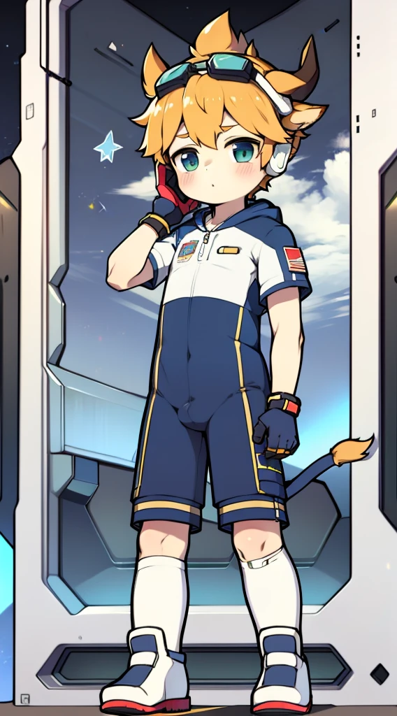 2D boy Shota,Siamese spacesuit,Put the headphones on your head,standing,goggles,horns,cow ears,sports shoes,white stockings