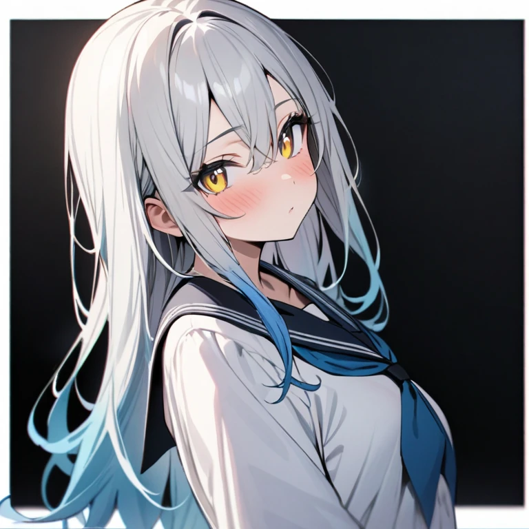 masterpiece, best quality, ï¼1girl, solo, long hair, serafuku, yellow eyes, multicoloWhite hair, looking at viewer, gradient hair, blush, Blue hair, hair between eyes, upper body, Black background