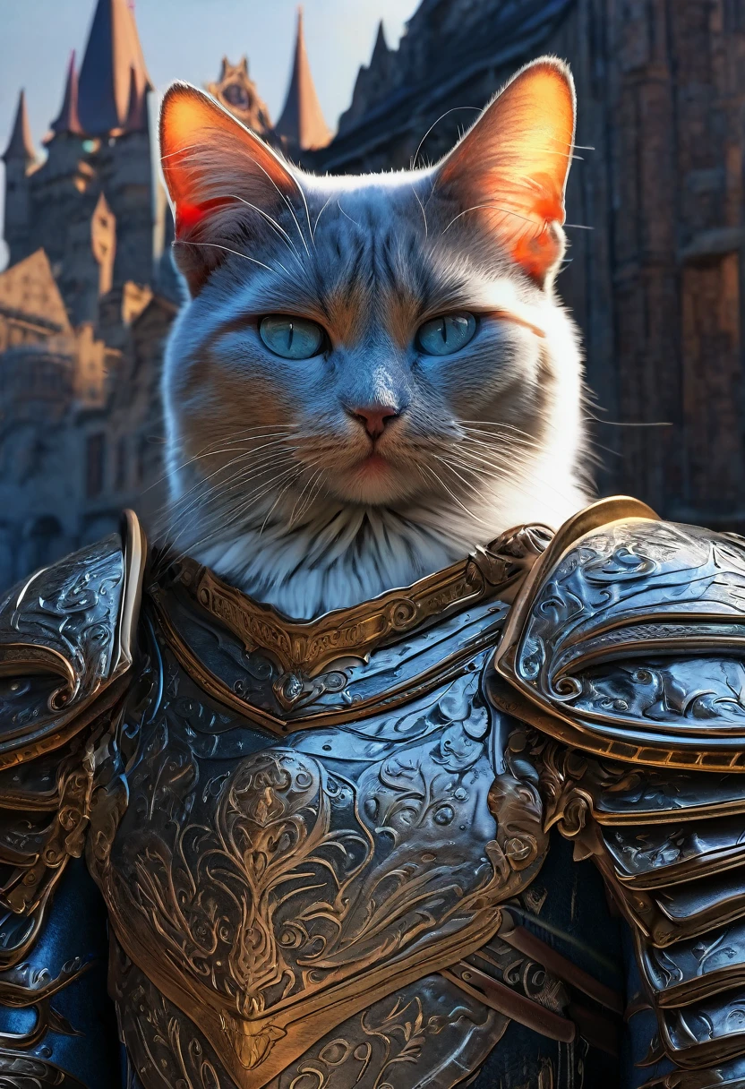 Cat Knight, aesthetic, (best quality, 4k, 8k, highres, masterpiece:1.2), ultra-detailed, (realistic, photorealistic, photo-realistic:1.37), cat, knight, armor, brave, valorous, intricate details, shining armor ,strong physique, detailed fur, textured fabric, metallic silver, gold accents, sword and shield, stoic expression, castle backdrop, majestic, royal blue and silver color palette, mystical lighting, moonlit night, whiskers, courageous, regal, warrior-like stance, proud, confident