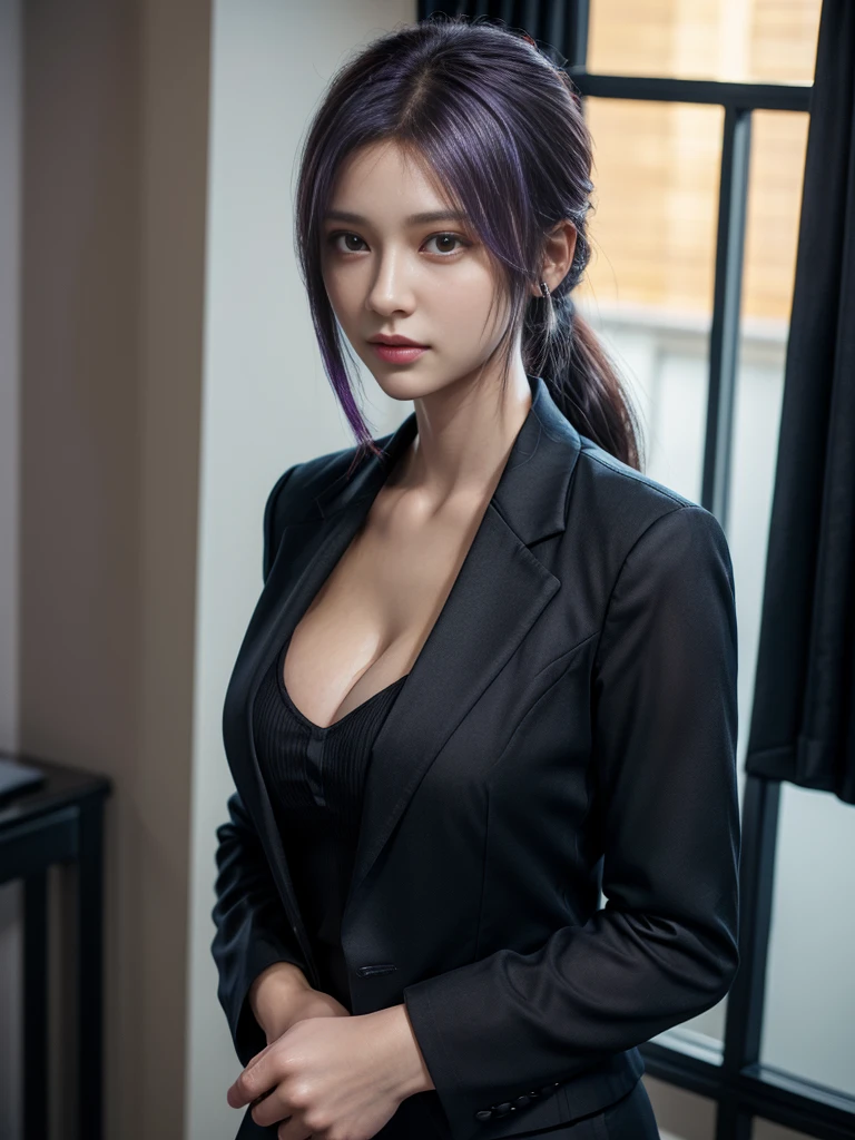 Beautiful woman, 25 years old, high ponytail, bright purple hair, perfect purple hair, Beautiful breasts, (Realistic skin),elegant upper class wearing a black pantsuit, black jacket, white shirt, cleavage visible, black pumps, and a business shirt. Elite secretary, working in the office, wearing a strict business suit, pantsuit style, wearing luxury high heels, girl wearing a shirt, wearing a business suit, wearing a business suit, black nail art, business Wearing a suit, Businessman, Business clothes, Wearing a black business suit, Wearing a white shirt and black jacket, Woman in a business suit, Business suit, Business attire, Raw photo, (8K, highest quality, Masterpiece: 1.2), (Complex Detail: 1.4), (Photoreal: 1.4), Octane Rendering, Complex 3D Rendering Super Detail, Studio Soft Light, Rim Light, Vibrant Detail, Super Detail, Realistic Skin texture, surface details, beautifully detailed eyes, highly detailed CG Unity 16k wallpaper, supplement, (detailed background:1.2),