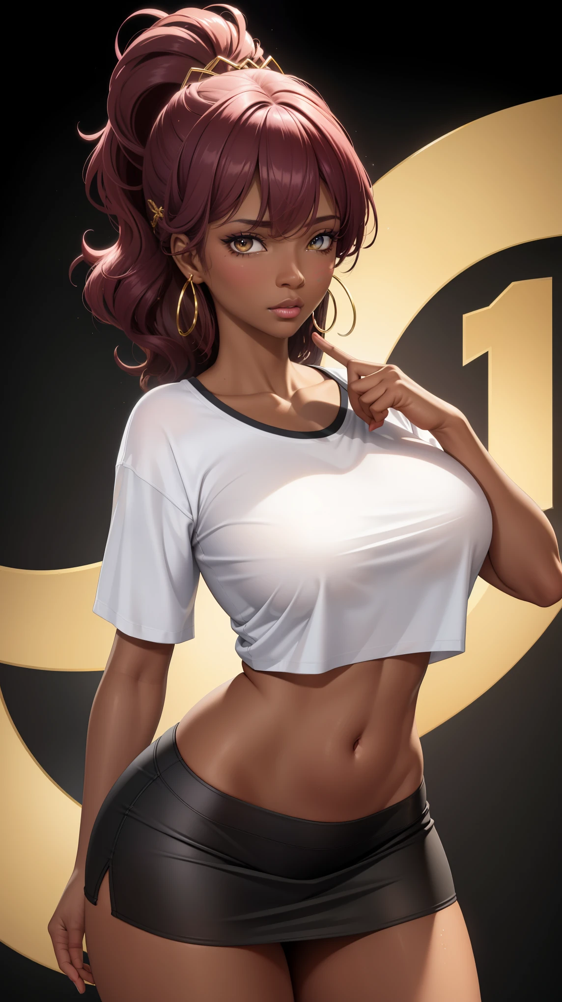 (best quality:1.5, highres, UHD, 4K, detailed lighting, shaders), curly floral haired, gradient hair, large breasts, suit, T-shirt, social shirt, short skirt, mature woman , (pov), white background, colorful eyeshadow, dramatic lighting, sparkling eyes, sensual expression, golden earrings, flowing hair, delicate facial features, dark skin, high cheekbones, urban setting, black background, dont look for the camera, lean forward,  behind  the camera