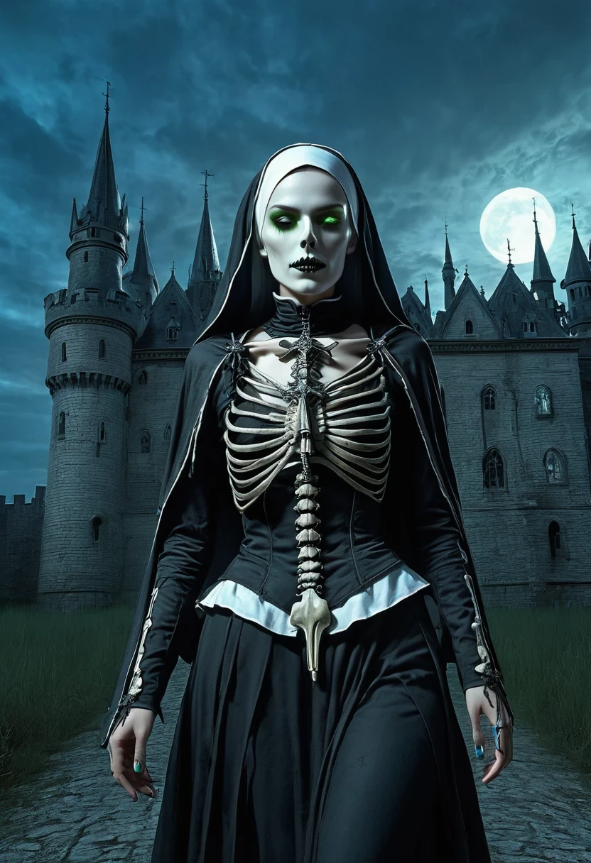 (dark fantasy), (Super wide angle moonlight), Gothic castle front, Skeleton Nun (bow your head, Wearing ragged nun clothes,green eyes, open mouth) , concept digital art, Sky blue and gray, (masterpiece, best quality, ultra high definition, Very detailed, movie lighting), Gothic