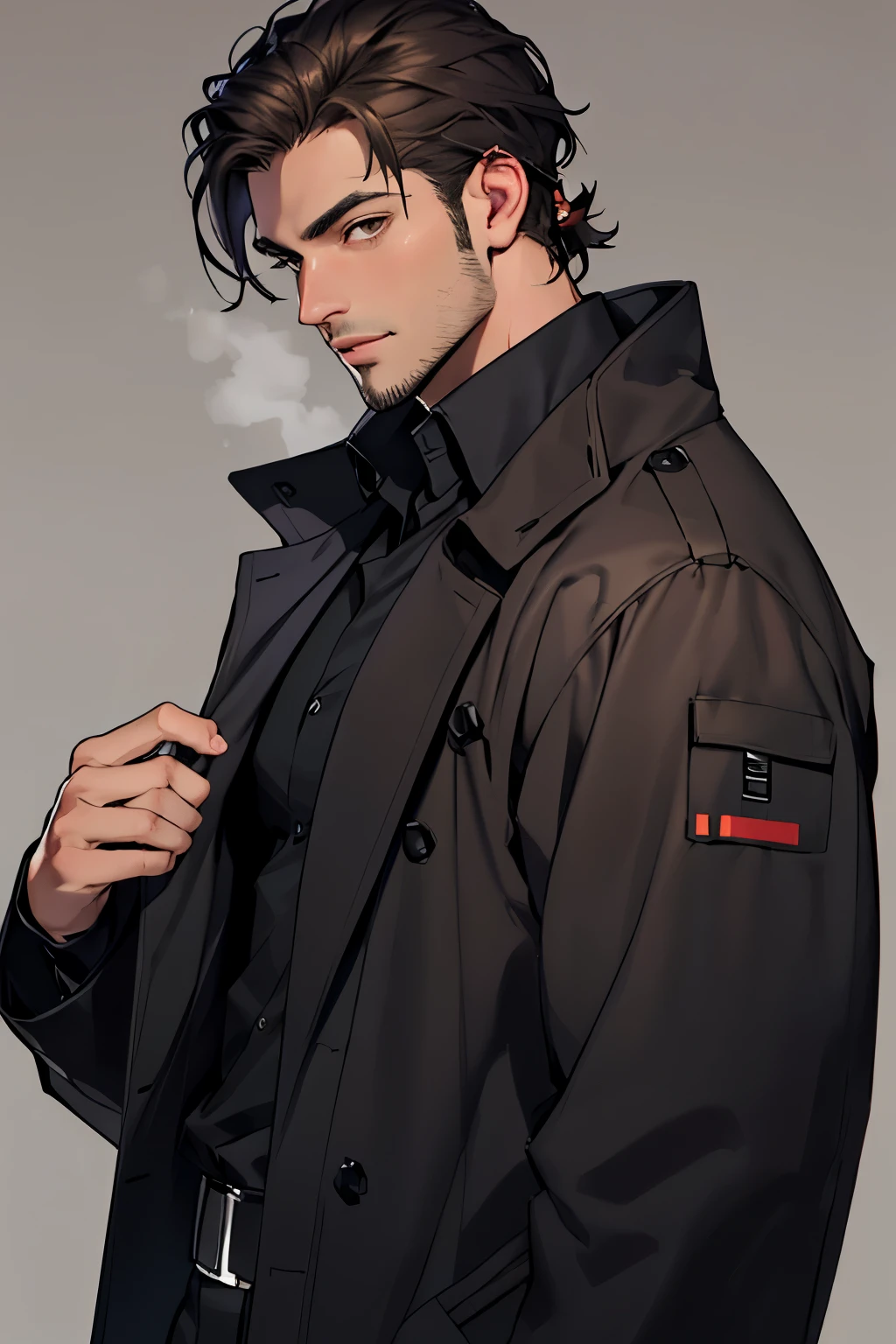 ((best quality)), ((masterpiece)), (detailed), 
Handsome man, Brown Two block Hair, No facial hair, Perfect Body, Brown Eyes, Black coat, Black shirt, Black blackground