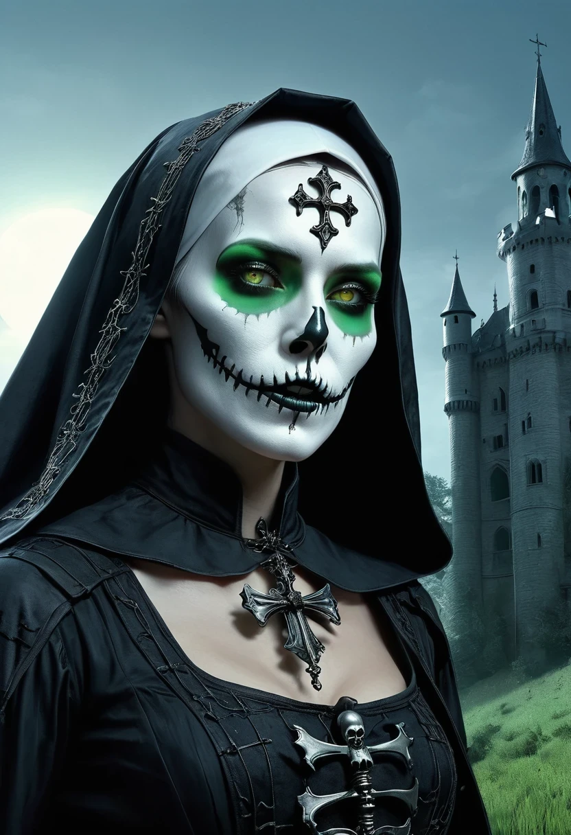 (dark fantasy), (Super wide angle moonlight), Gothic castle front, Skeleton Nun (bow your head, Wearing ragged nun clothes,green eyes, open mouth) , concept digital art, Sky blue and gray, (masterpiece, best quality, ultra high definition, Very detailed, movie lighting), Gothic