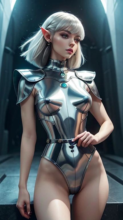 (Best quality, ultra realistic) 8k, retro futuristic look, dream aesthetic, dream atmosphere, 1 tall elf girl, beautiful cute elf girl, gothic makeup, light cyan_eyes, flushed cheeks, ((long hair color [Silver blonde hair], [pixie cut with bangs] hair)), earrings, lips, short sleeve, realistic, proportional waist, charming, colorful makeup, long eyelashes, very white skin, pale skin, clear skin, delicate body, natural breasts, proportional waist, hot hips, hot legs, natural tall body (cute), (cute face), Detailed eyes, Detailed iris, future aesthetics, retro futurism.
