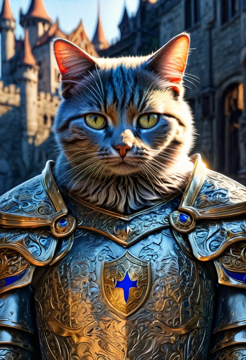 Cat Knight, aesthetic, (best quality, 4k, 8k, highres, masterpiece:1.2), ultra-detailed, (realistic, photorealistic, photo-realistic:1.37), cat, knight, armor, brave, valorous, intricate details, shining armor ,strong physique, detailed fur, textured fabric, metallic silver, gold accents, sword and shield, stoic expression, castle backdrop, majestic, royal blue and silver color palette, mystical lighting, moonlit night, whiskers, courageous, regal, warrior-like stance, proud, confident