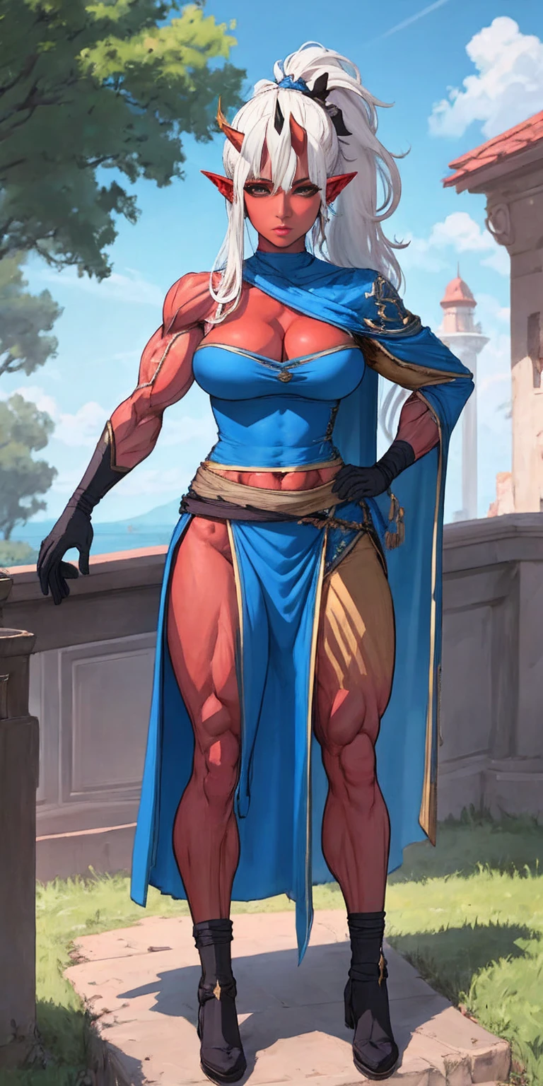 extremely long hair , ponytail, perfect anatomy 1 girl tall solo, slim thick, ((muscular)) high elf toned body, silver breast plate, blue cape, slendered abs, hourglass waist, detailed face, defined cheekbones, puffy lips, gauntlets, gold crown, shadow over eyes, looking at viewer, masterpiece, white thigh highs lingerie, high heels