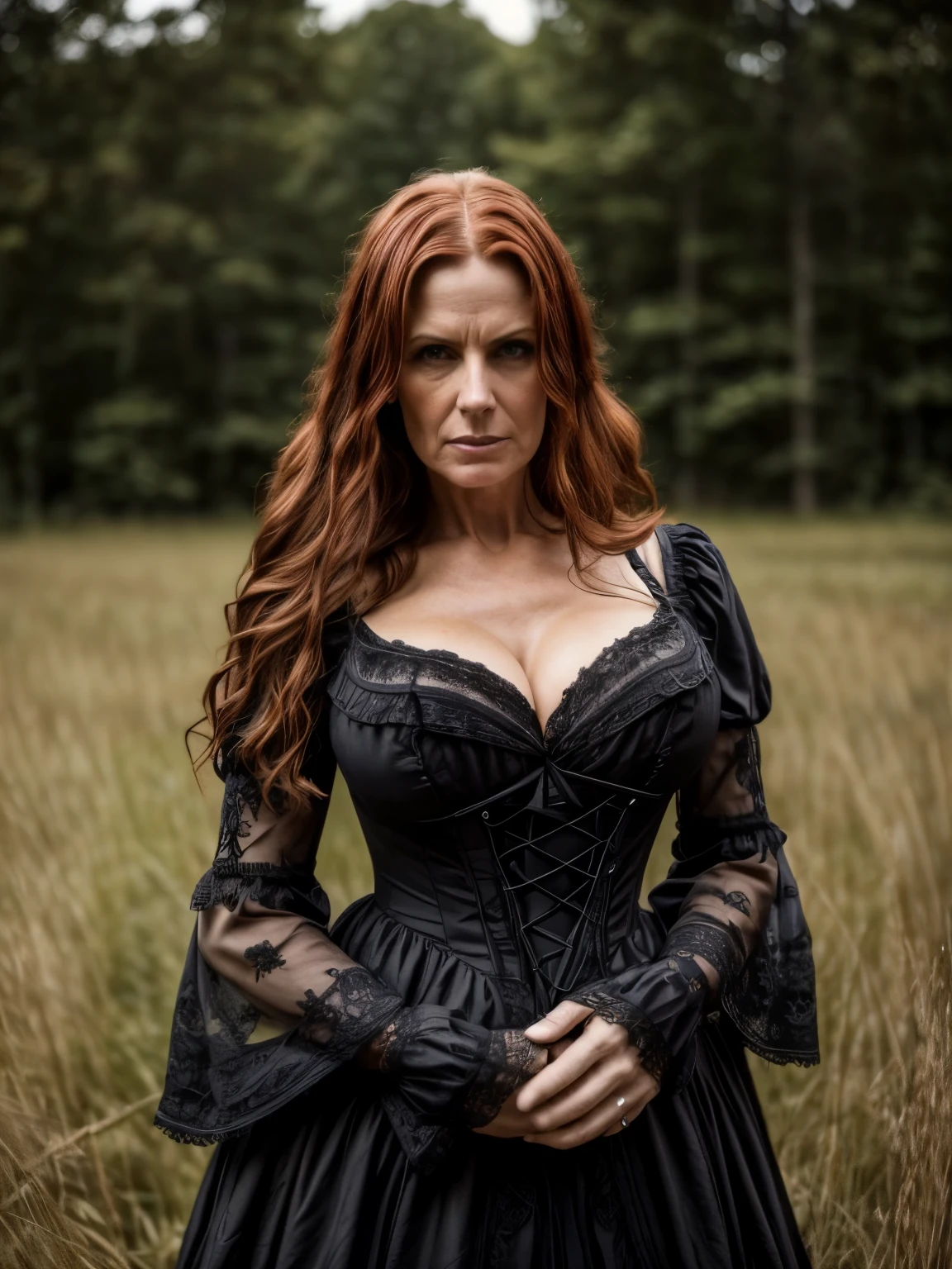 high quality photograph mid-aged redhead woman, 6 feet tall height, angry face expression, detailed face, (angry expression), shiny and pale skin, extremely long messy hair, mature woman, wearing black dress Victorian era apparel, slim body, 45 year old woman, revealing clothing, detailed clothing, cleavage, huge breasts, large natural breasts, (round and fleshy), witchcraft, occultism, at full moon night, in the middle of a field of grass, creepy old wooden cabin in the background. detailed surroundings. lustful physique, seductive figure that captures attention, [depth of field] ((intricate detail, Detailed textures)), bright lighting, soft lighting, Global illumination, Clear facial features, 85mm, 100mm lens, F /1.8 (Create ultra-detailed image textures, capturing every detail with precision)