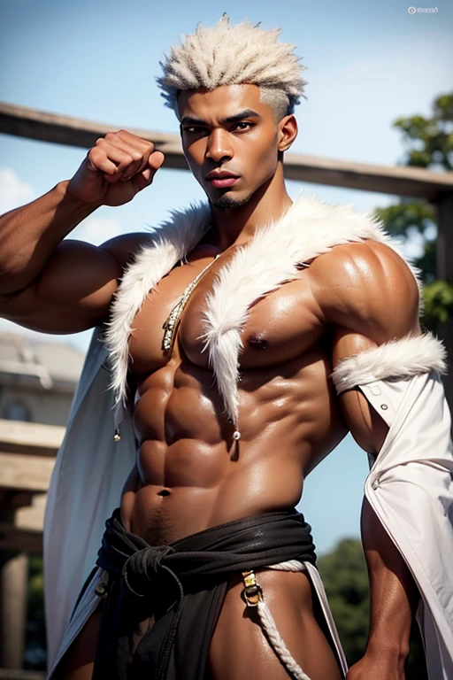 A nigro with green eyes,white hair,muscular,detaildetailed face,six packs,a light skinned african kinda guy,with a martial art gear.