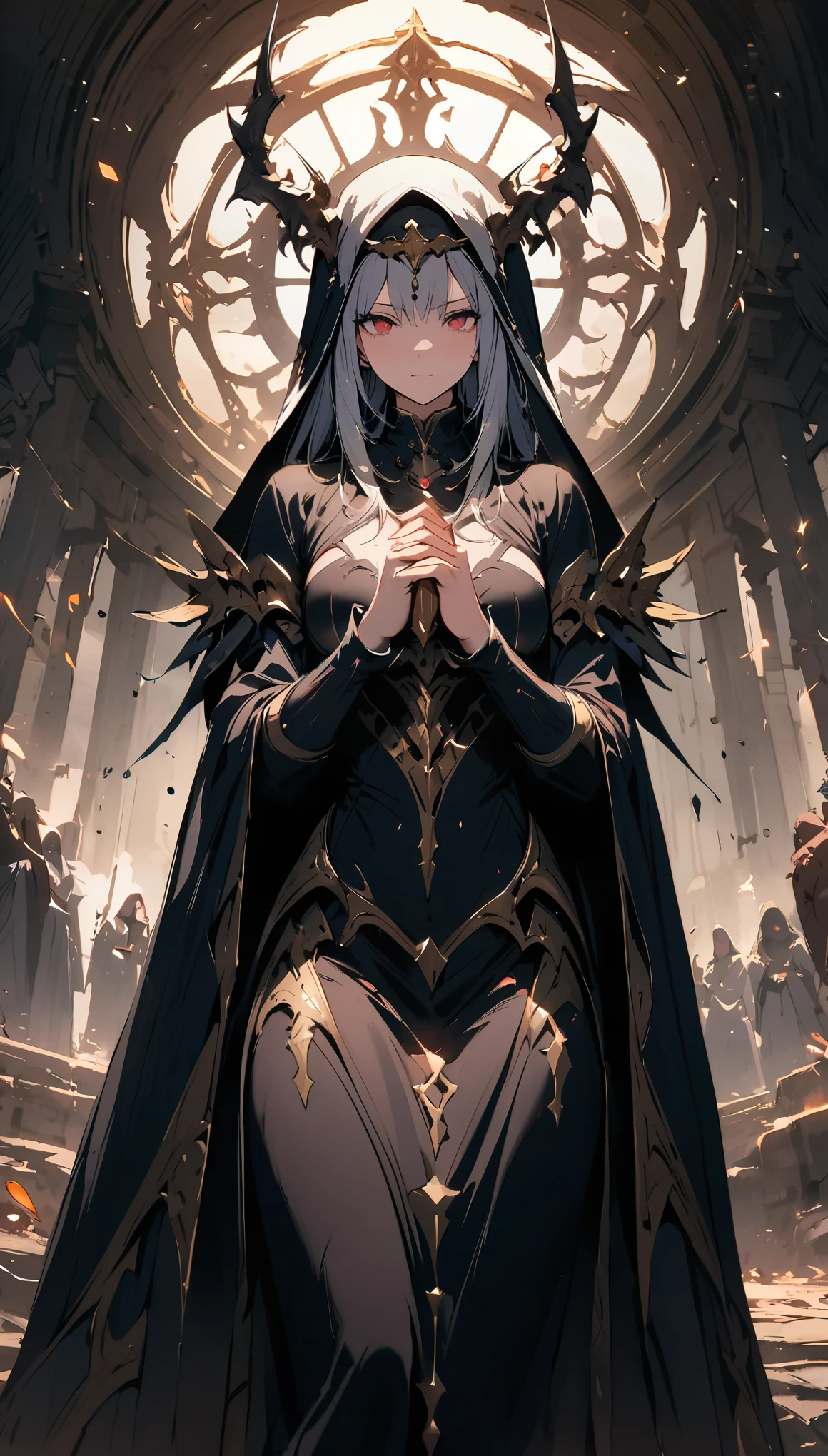 (best quality, masterpiece), dark fantasy world, nun of Fallen God, pray near broken statue of her God, simple grey and worn habit, (hints of magical aura,evoking a sense of mystery), (sinister and otherworldly, supernatural presence, ethereal ambiance)