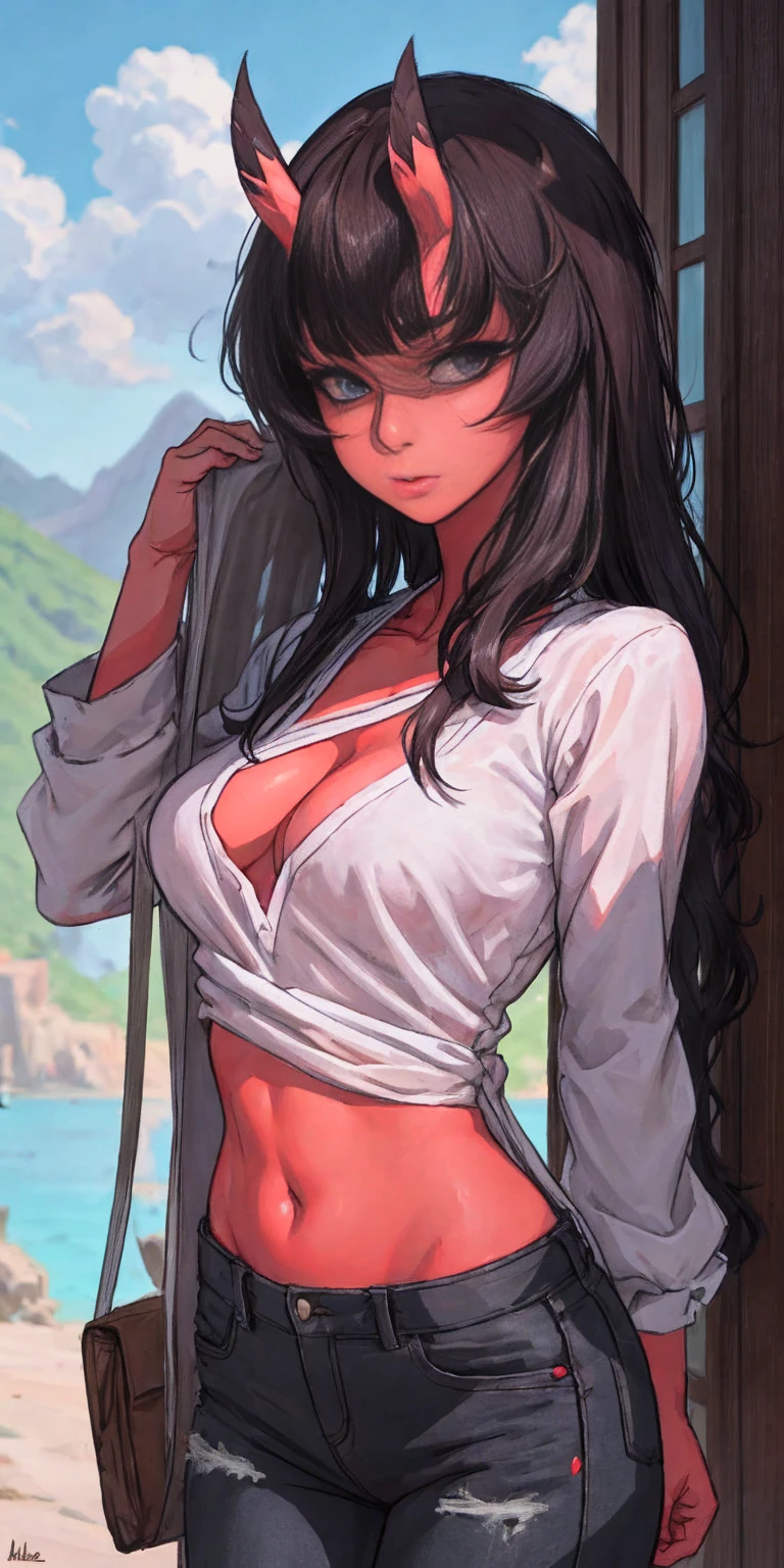 A woman with light brown long hair, a delicate face, a blank look in her eyes, a slender and firm dancer's figure, a fantasy-realistic style outfit, she ties a French shirt at her chest, revealing her graceful waistline, she wears tight jeans on her lower body, a flowing skirt is gracefully tied around her waist, she walks leisurely in a fantasy-style town, this character embodies a finely crafted fantasy-realistic style female dancer in anime style, exquisite and mature manga art style, beautiful woman, high definition, best quality, highres, ultra-detailed, ultra-fine painting, extremely delicate, professional, anatomically correct, symmetrical face, extremely detailed eyes and face, high quality eyes, creativity, RAW photo, UHD, 8k, Natural light, cinematic lighting, masterpiece-anatomy-perfect, masterpiece:1.5
