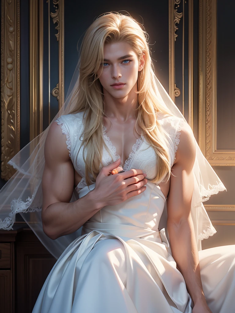 An incredibly beautiful femme fatale bride with long golden hair, long bangs, blue eyes, in an elegant wedding dress, she is being held in her arms by a tall handsome handsome manly young man dressed in a light wedding suit, he has tanned skin, long white hair, blue eyes. They are in love, they are happy. Masterpiece, perfect drawing, realistic drawing, full-length drawing, 8k. full-length image, realistic image, detailed image. an extremely detailed illustration, a real masterpiece, of the highest quality, with careful drawing. shading with shadows.,hdm,male, model, blonde, muscle, boy, manga, anime style ,Realistic anime