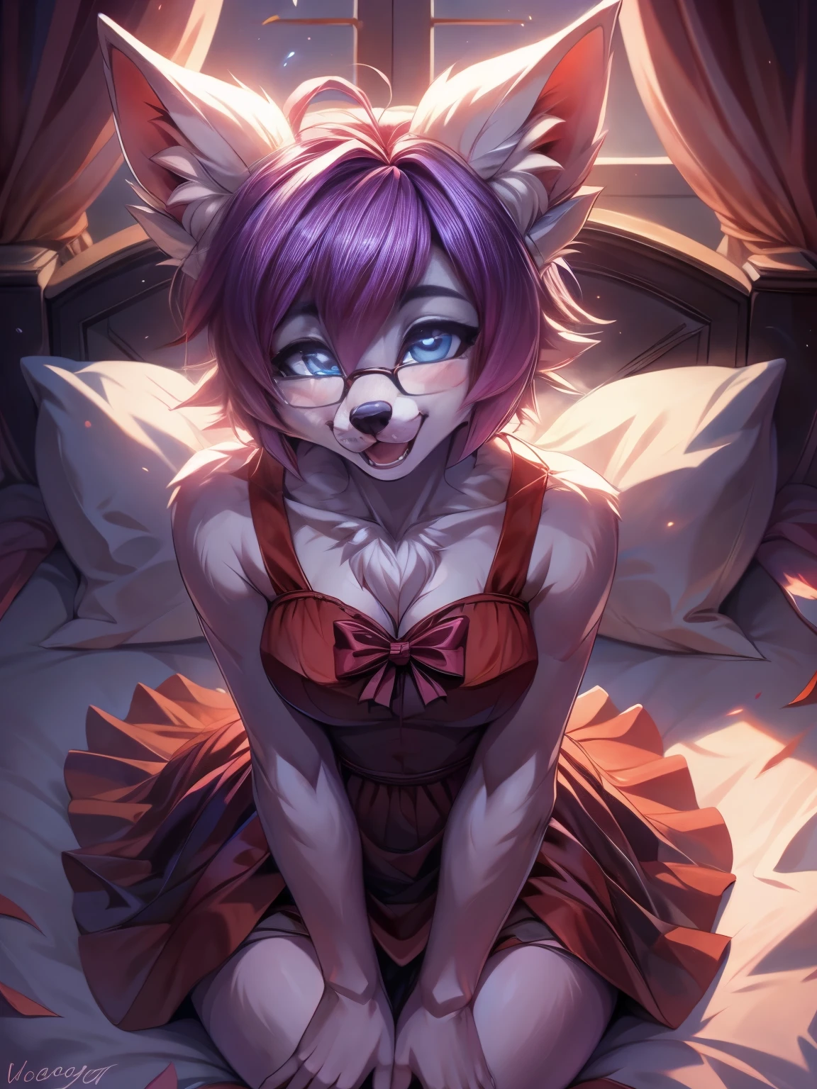 masterpiece, best quality, {best quality}, {{masterpiece}}, {highres}, Dog furry girl with short purple hair, fluffy hair shy, beautiful blue eyes, wearing glasses,  very  fluffy tail, , bow in hair, 17 years old, happy , happy mouth, young body, Good girl, wearing a dress, in bed, being adorable, blushing, hands on her dress, leaning in for a kiss, tilted head, wanting to be loved, flirty.