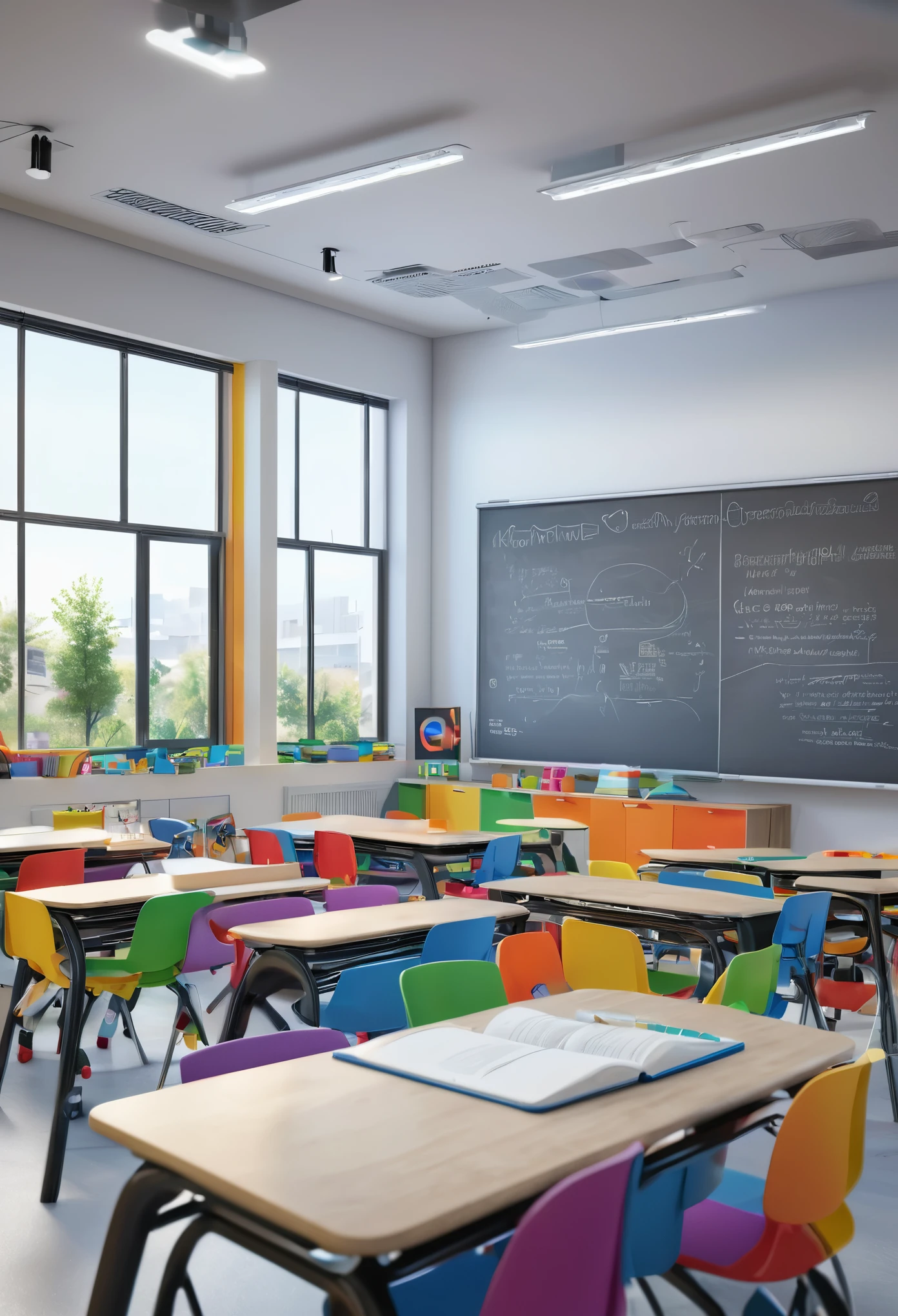 (best quality,4k,8k,highres,masterpiece:1.2),ultra-detailed,(realistic,photorealistic,photo-realistic:1.37),happy students in their super modern class,modern classroom,futuristic design,classroom technology,large windows,spacious and bright,classroom layout,comfortable furniture,interactive whiteboard,state-of-the-art teaching equipment,advanced learning environment,colorful decorations,positive and vibrant atmosphere,students engaged in learning,diverse group of students,enjoying their learning experience,together in the classroom,interacting and collaborating,happy and motivated expressions,eager to participate and share ideas,inspiring and supportive teacher,enthusiastic teaching methods,innovative teaching resources,interactive activities and discussions,excited about learning,gaining knowledge and skills,educational growth and development,progressive and forward-thinking education,encouraging creativity and critical thinking,academic success and achievement,building a strong foundation for the future.