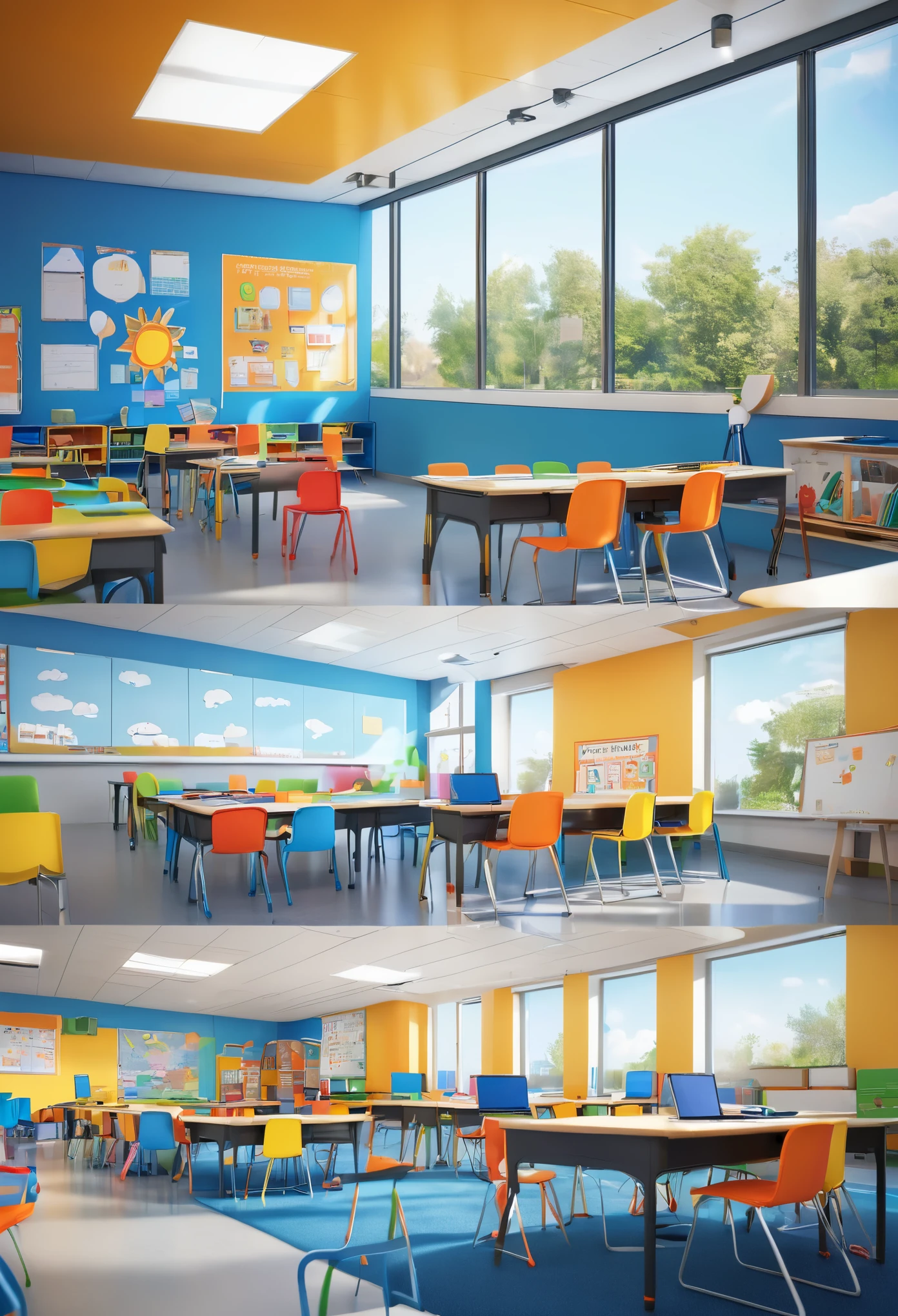 (best quality,4k,8k,highres,masterpiece:1.2),ultra-detailed,(realistic,photorealistic,photo-realistic:1.37),happy students in their super modern class,modern classroom,futuristic design,classroom technology,large windows,spacious and bright,classroom layout,comfortable furniture,interactive whiteboard,state-of-the-art teaching equipment,advanced learning environment,colorful decorations,positive and vibrant atmosphere,students engaged in learning,diverse group of students,enjoying their learning experience,together in the classroom,interacting and collaborating,happy and motivated expressions,eager to participate and share ideas,inspiring and supportive teacher,enthusiastic teaching methods,innovative teaching resources,interactive activities and discussions,excited about learning,gaining knowledge and skills,educational growth and development,progressive and forward-thinking education,encouraging creativity and critical thinking,academic success and achievement,building a strong foundation for the future.