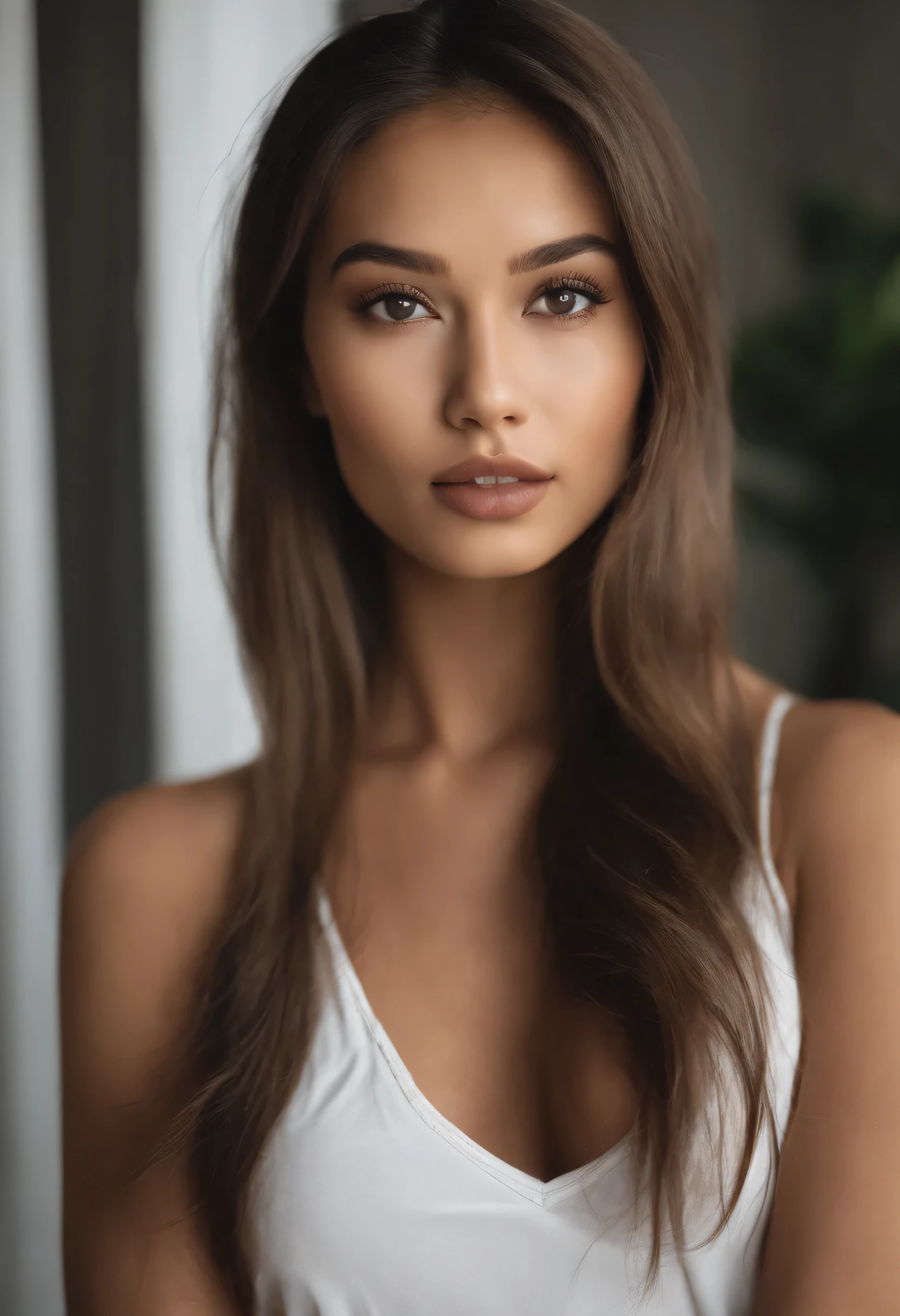Natural photography of a beautiful girl, porter un haut mouillant, se pencher, cheveux longs et fluides marron, Grand buste, locks eyes in the camera, eyes symmetrical, symmetrical face, photoreallistic, photographie, Path layout, specular lighting, Volumetric facial light, Hair path, Ombres visibles, complexe, elaborate
