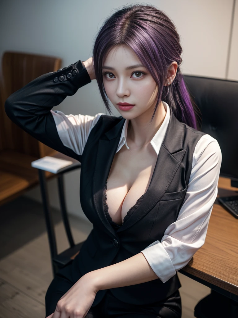 Beautiful woman, 25 years old, high ponytail, bright purple hair, perfect purple hair, Beautiful breasts, (Realistic skin),elegant upper class wearing a black pantsuit, black jacket, white shirt, cleavage visible, black pumps, and a business shirt. Elite secretary, working in the office, wearing a strict business suit, pantsuit style, wearing luxury high heels, girl wearing a shirt, wearing a business suit, wearing a business suit, black nail art, business Wearing a suit, Businessman, Business clothes, Wearing a black business suit, Wearing a white shirt and black jacket, Woman in a business suit, Business suit, Business attire, Raw photo, (8K, highest quality, Masterpiece: 1.2), (Complex Detail: 1.4), (Photoreal: 1.4), Octane Rendering, Complex 3D Rendering Super Detail, Studio Soft Light, Rim Light, Vibrant Detail, Super Detail, Realistic Skin texture, surface details, beautifully detailed eyes, highly detailed CG Unity 16k wallpaper, supplement, (detailed background:1.2),pony tail