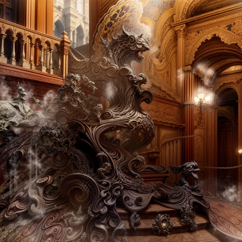 a close up of a staircase in a building with a painting on the wall, intricate castle interior, inside an epic gothic castle, gothic mansion room, gothic mansion, gothic interior, ornate and detailed, wide grand staircase, staircase, located in a castle, great masterpiece, wooden stairs, in a high renaissance style, 1 staircase, elegant and ornate, staircases