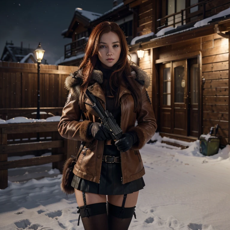 (best quality,4k,highres,masterpiece:1.2),ultra-detailed,(realistic:1.37),HDR,UHD,studio lighting,bokeh,physically-based rendering,vivid colors,portraits
Huntress girl holding a rifle,in snow battle pose wearing a miniskirt and stockings, Blade and Soul,ink style,long red hair,leather and fur coat,cold,Artwork,3D