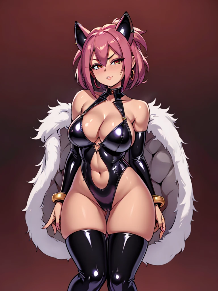 sonic the hedgehog (series),(evil amy rose),1girl, breasts, jewelry, choker, red_eyes, solo, evil_smile, huge_breasts, long_hair, cleavage, bracelet, thighhighs, looking_at_viewer, red_hair, black_choker, thighs, horns, shiny, earrings, gloves, collarbone, jacket, thick_thighs, black_legwear, shiny_skin, lipstick, makeup, thigh_boots, cowboy_shot, bodysuit, curvy, black_leotard, holding, leotard, covered_navel, elbow_gloves, lips, highleg, standing, red_background, wide_hips, simple_background, skin_tight, shiny_clothes, hoop_earrings, shiny_hair, eyelashes, long_sleeves, bangs, black_jacket, boots, open_clothes, thick_eyebrows, bangle, parted_lips, zipper, pale_skin, microphone, covered_, parted_bangs, skindentation, collar, ahoge, latex, demon_horns Satou Kuuki art, Satou Kuuki style, Satou Kuuki illustration