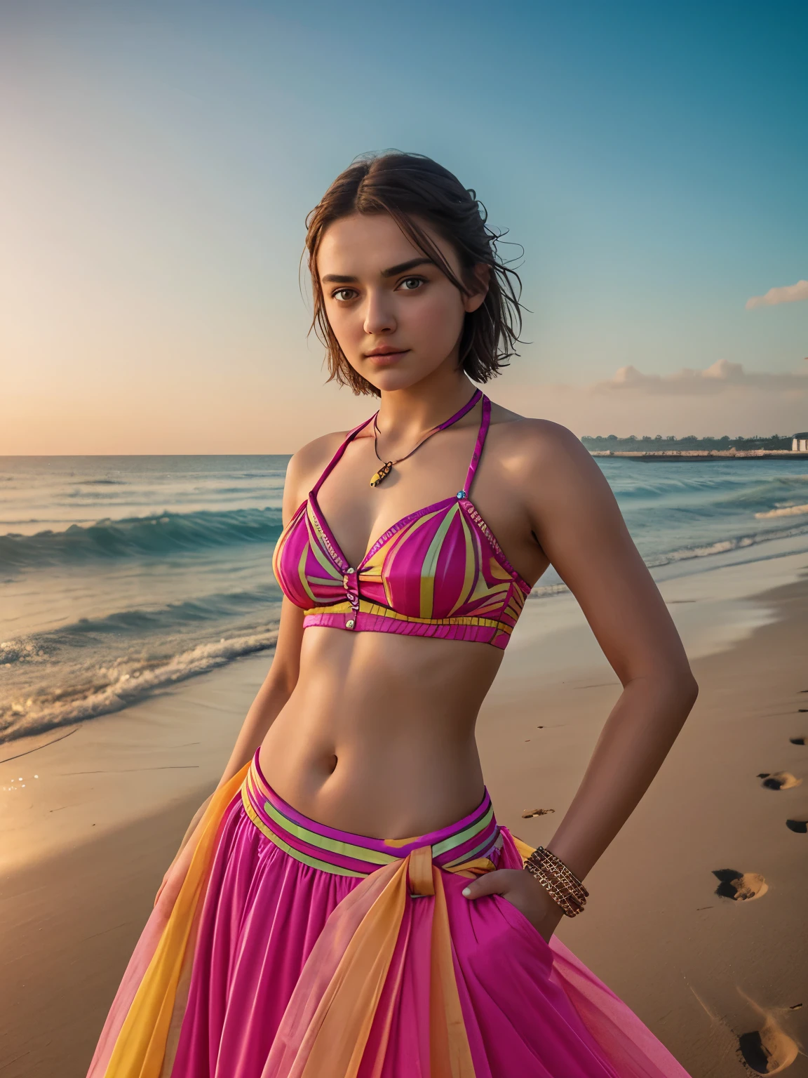 Arya Stark (highly detailed face), eyes symmetry, face symmetry, in the beach, smirking, playful teasing sassy poses for adults only magazine, (wearing vibrant color trendy designer choli long skirt), round deep navel, evening sky, wave tides, HDR, hyper realistic
