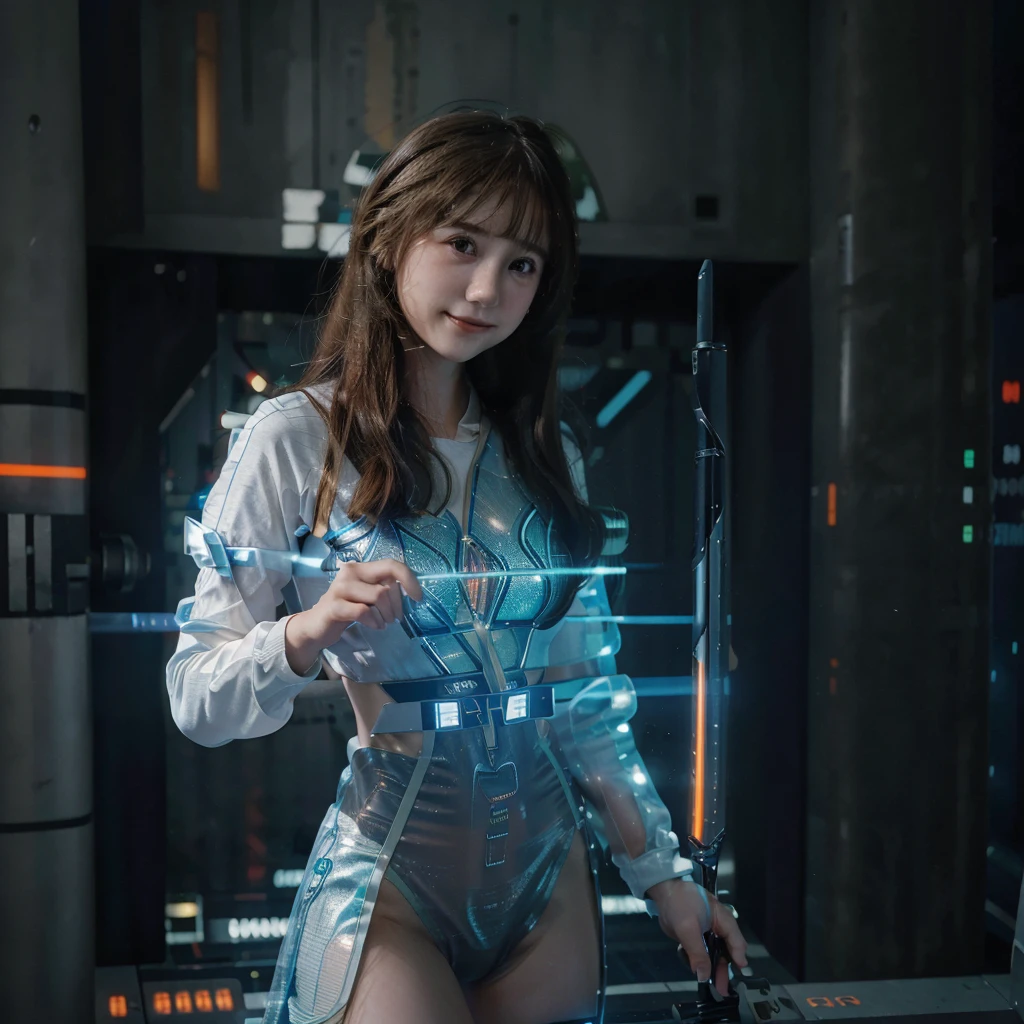 Cyber ​​arm and glowing cyber girl,(Transparent and revealing costumes:1.3, )Stand in a post-apocalyptic battlefield cityscape.Surrounded by a network of cables. Surrounded by a network of circuits. Showing a Hologram Image over his hands, bright blue hologram, detailed hologram with AiR letters, hologram with AiR letters. (Cyber ​​girl with glowing orange sword:1.3), Very beautiful Korean girl 24 years old., Full mechanical helmet, Long shiny dark brown hair, Cute smile, Beautiful and perfect detailed face, smile, Proper body proportion, table, Output images very high quality,high resolution,Intricate details,Very delicate and beautiful hair,realistic photos,dreamy,professional lighting,realistic shadow,focus alone,beautiful hands,beautiful fingers,Detailed finger features,detailed clothing features, Detailed hair features, detailed facial features, white full love wick suite