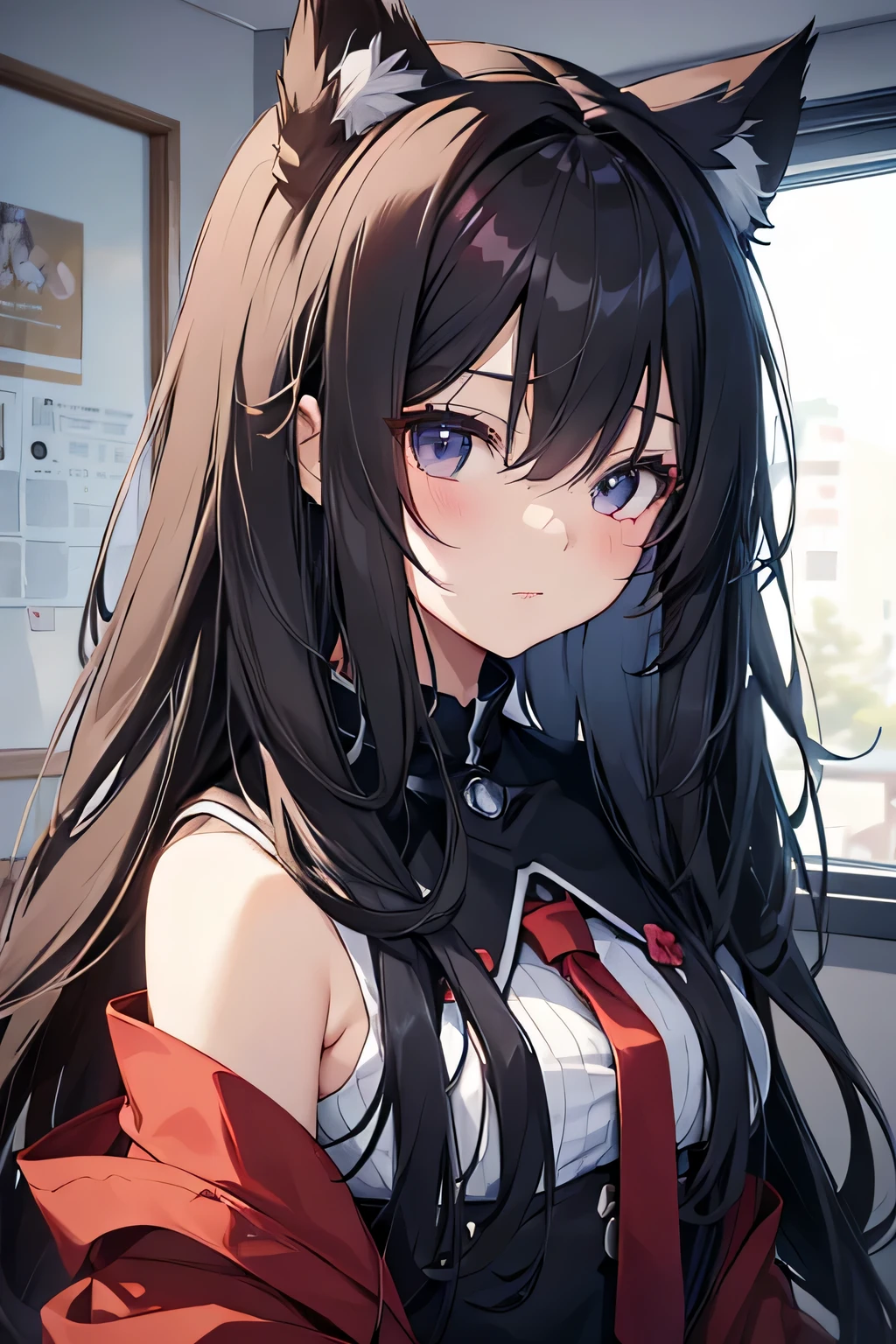 beste-Quality、8K))One woman　Anime girl with long black hair and cat ears、tohsaka-rin、anime moe art style、Fate/Anime style like Stay Night、long hair anime girl、extremely cute anime girl face、nightcore、From the front line of girls、Portrait of a cute anime girl、Anime girl with cat ears、High quality anime art style、 beautiful anime woman　　Night mood　black eyes　ful body　Miwaki   In classroom